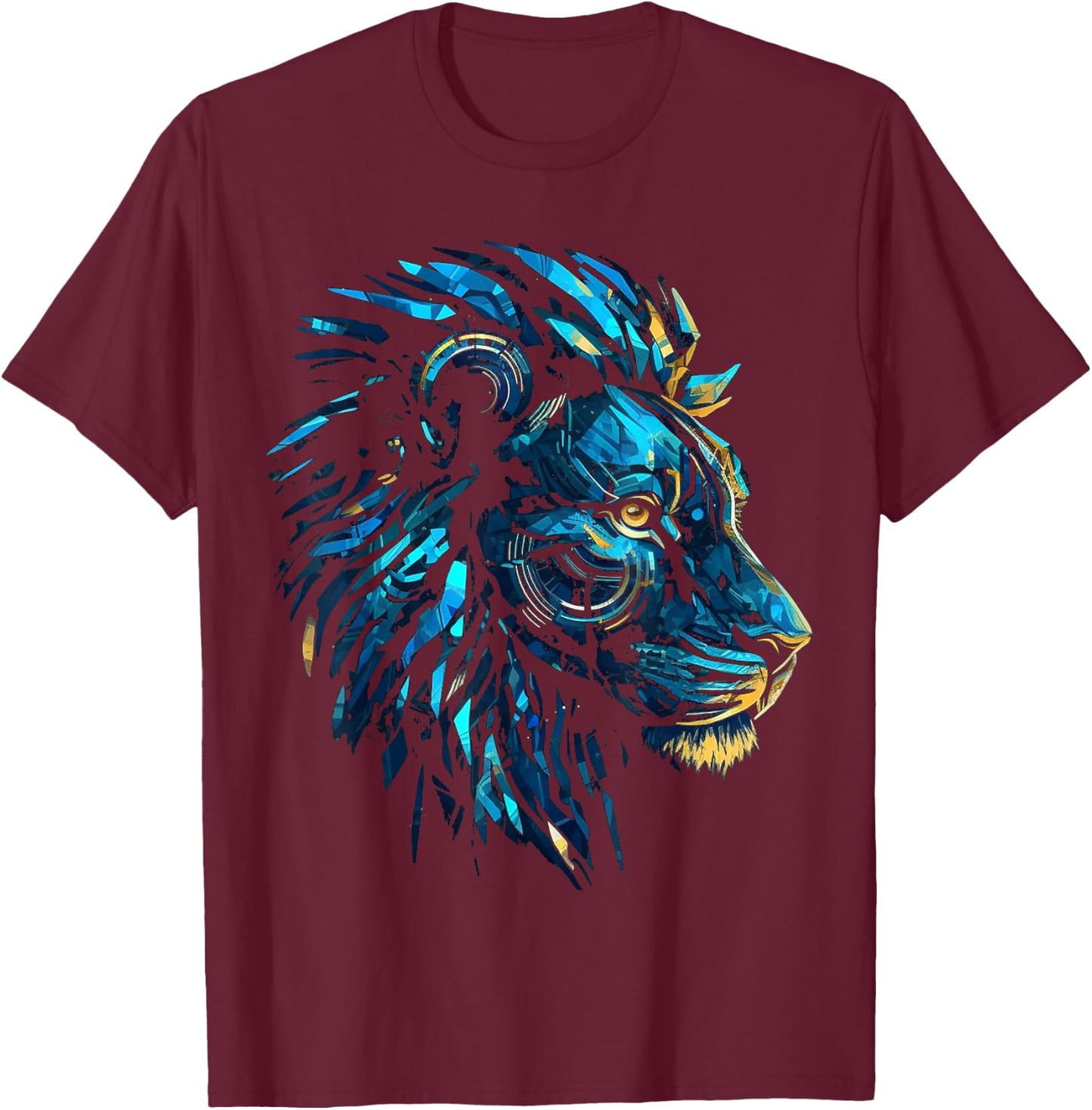 Blue Lion Robot Polygon Fantasy Animal Art Lion T-Shirt - T-Shirt | Maroon