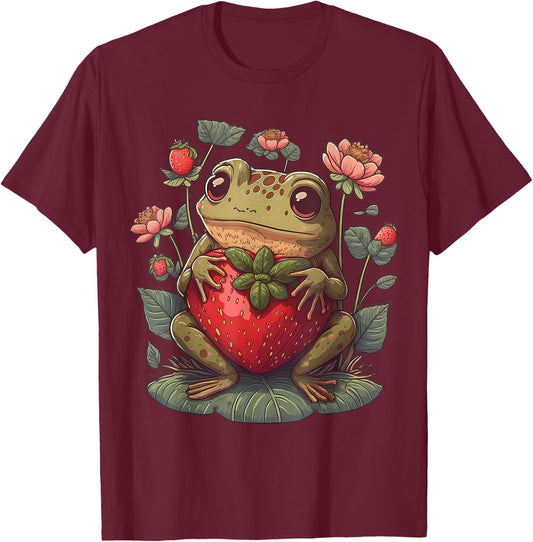 Cute Cottagecore Floral Frog Aesthetic Girls Women Graphic T-Shirt - T-Shirt | Maroon