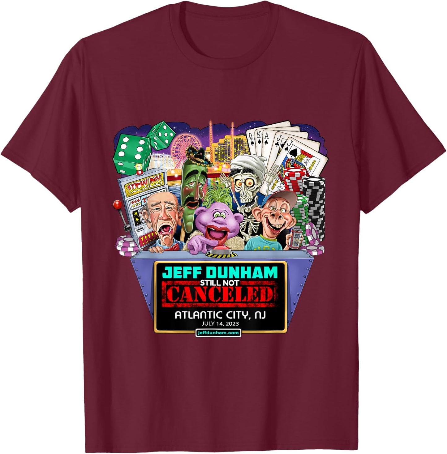 Jeff Dunham Atlantic City, NJ (2023) T-Shirt - T-Shirt | Maroon