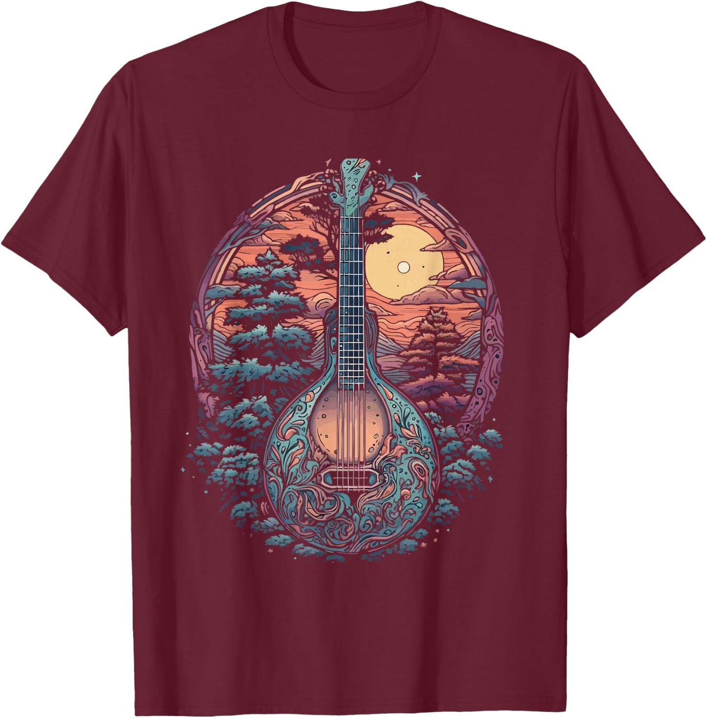 Retro Mandolin Guitar Nature Bluegrass Music Band Mando Art T-Shirt - T-Shirt | Maroon