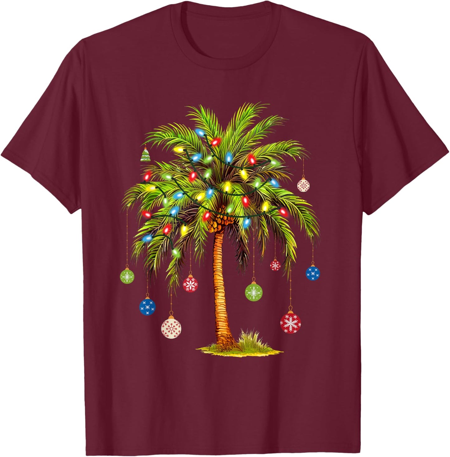 Christmas Palm Tree Light Hawaiian Tropical Xmas T-Shirt - T-Shirt | Maroon