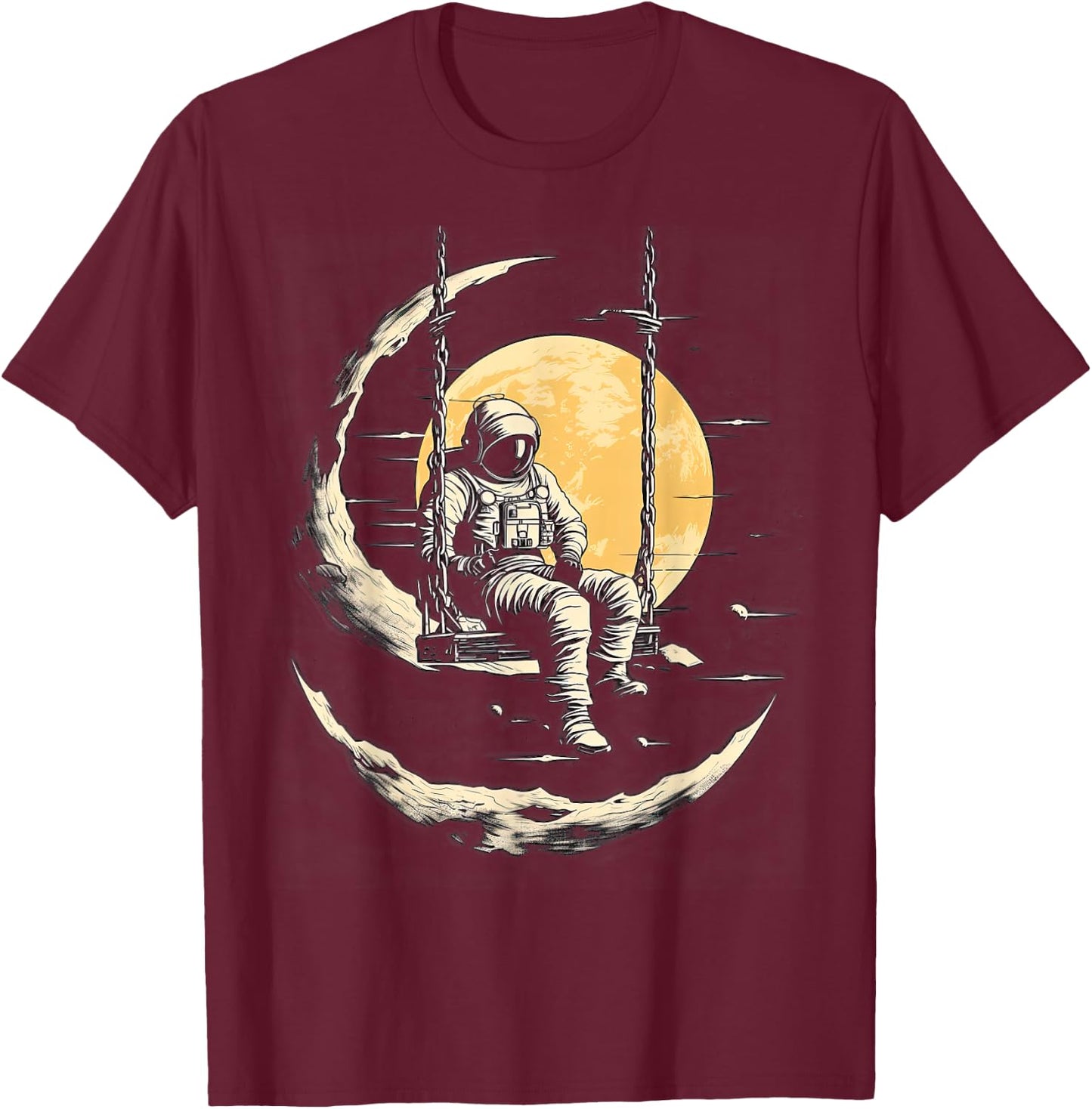 Astronaut Sitting on Swing in Space Stars and Moon T-Shirt - T-Shirt | Maroon