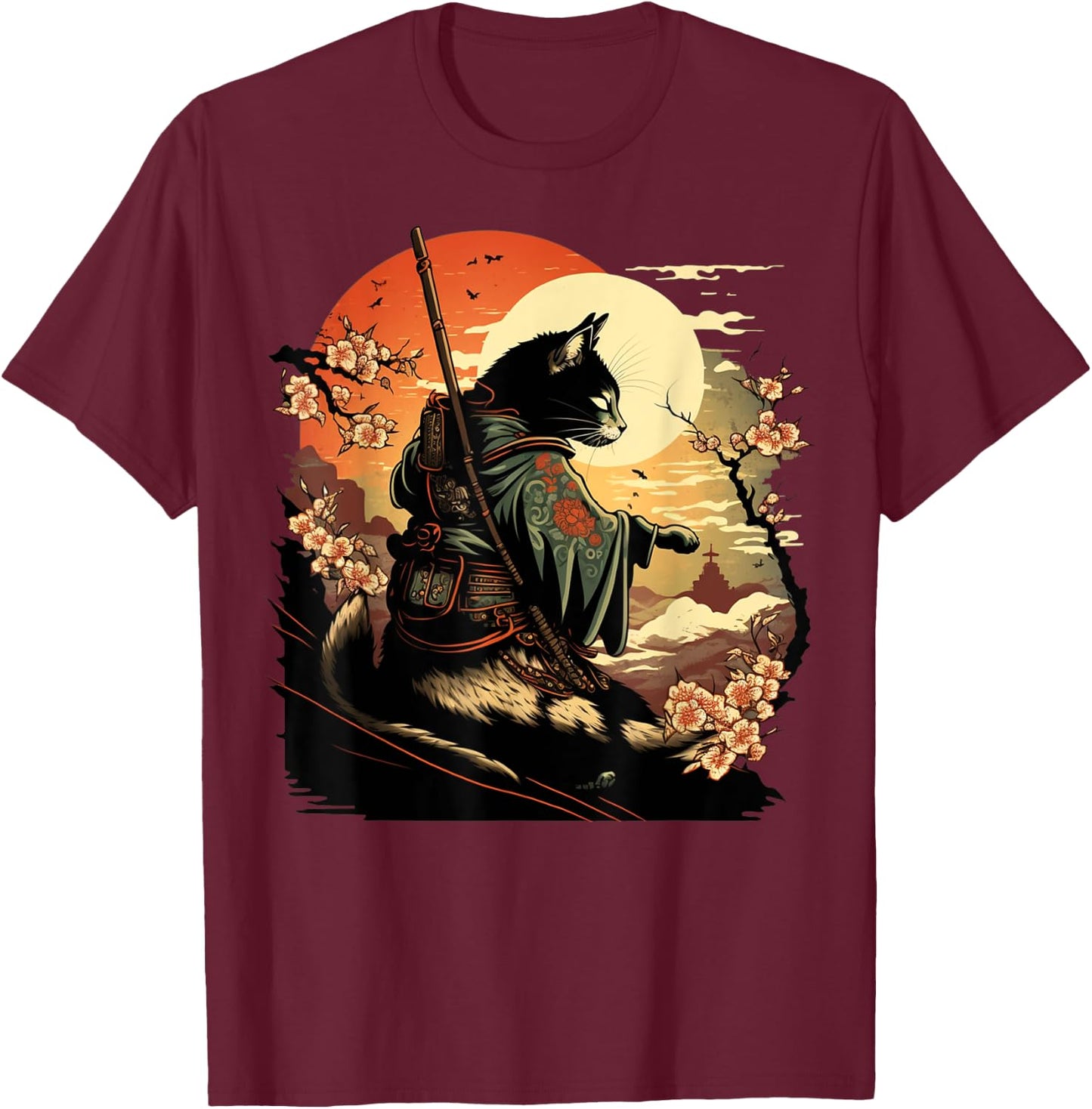 Japanese Art Cat Ninja Ukiyo-e Anime Style Samurai Cat T-Shirt - T-Shirt | Maroon