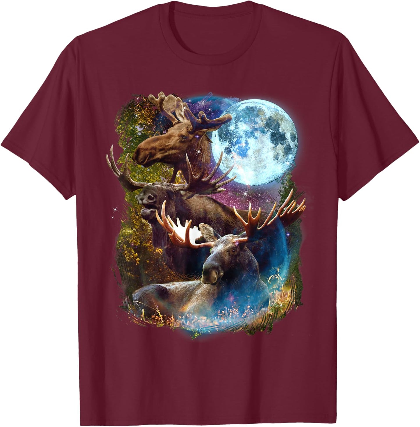 3 Moon Moose Funny Deer Elk Animal Lovers Graphic Novelty T-Shirt - T-Shirt | Maroon