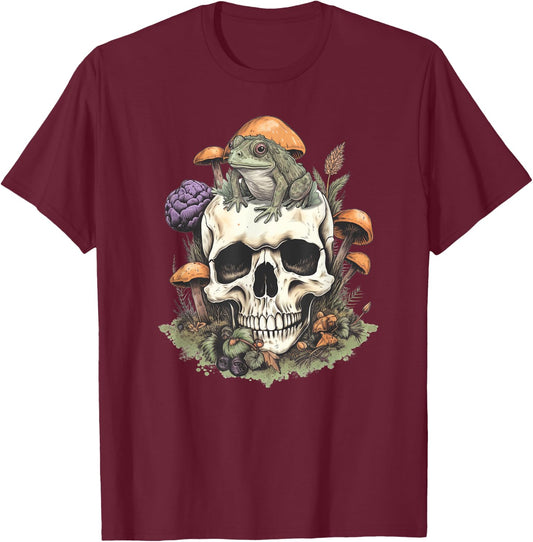 Cottagecore frog Skull Mushroom goblincore men woman T-Shirt - T-Shirt | Maroon