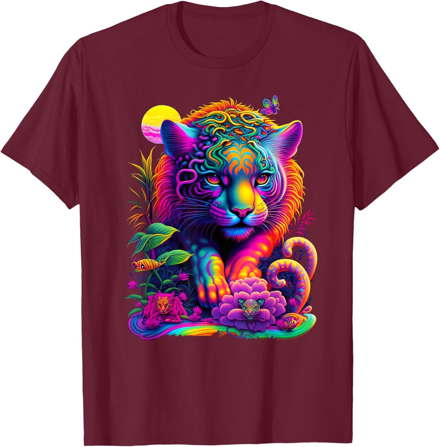 Colorful Rainbow Wild Cat Graphic T-Shirt - T-Shirt | Maroon