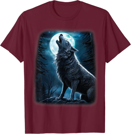 Wolf howling at the Moon Fantasy Art Wildlife T-Shirt - T-Shirt | Maroon