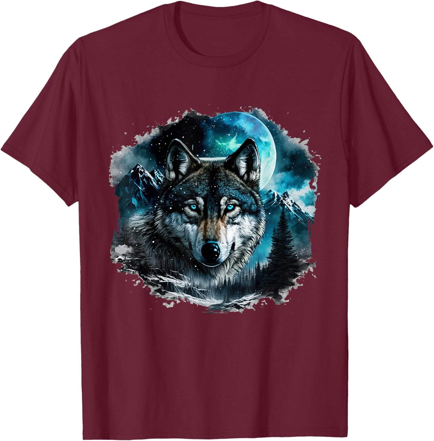 Grey Wolf Hunting Ground Icy Moon Forest Galaxy T-Shirt - T-Shirt | Maroon