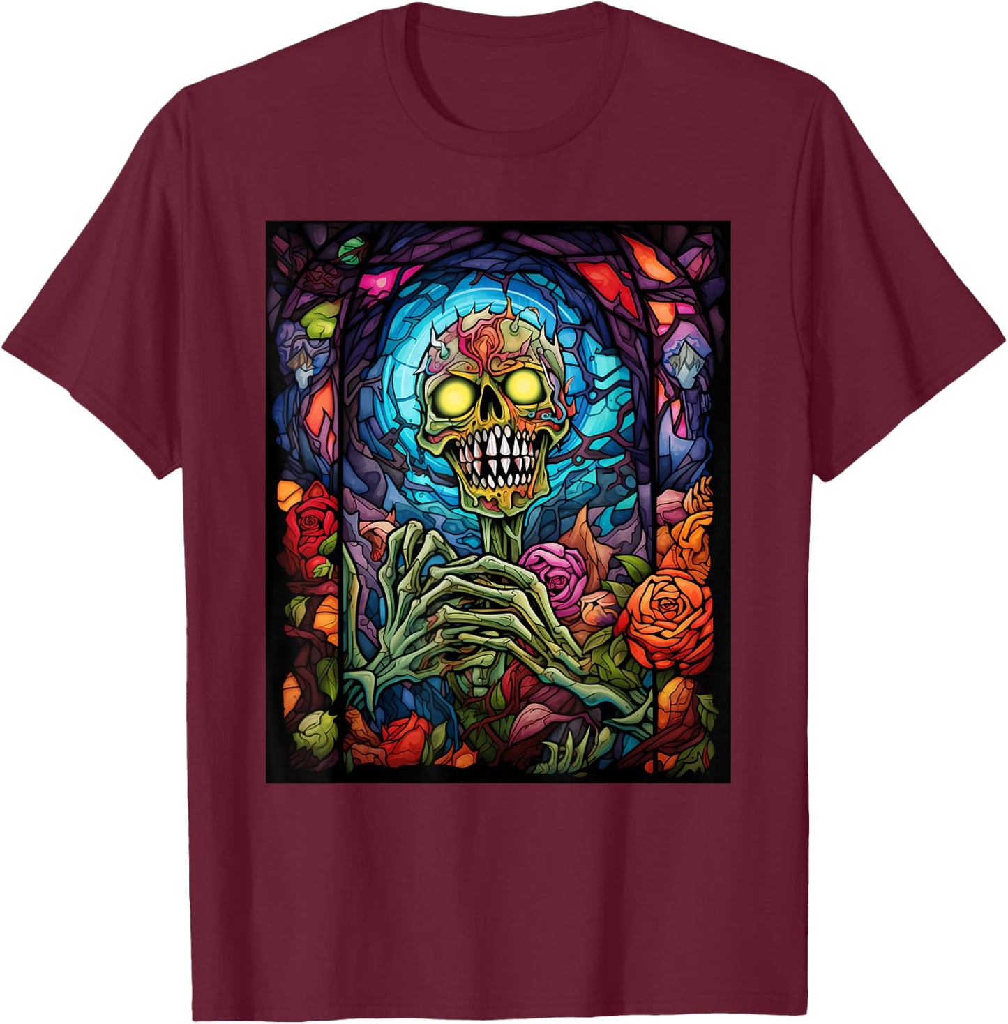 Stained Glass Style Zombie Halloween T-Shirt - T-Shirt | Maroon