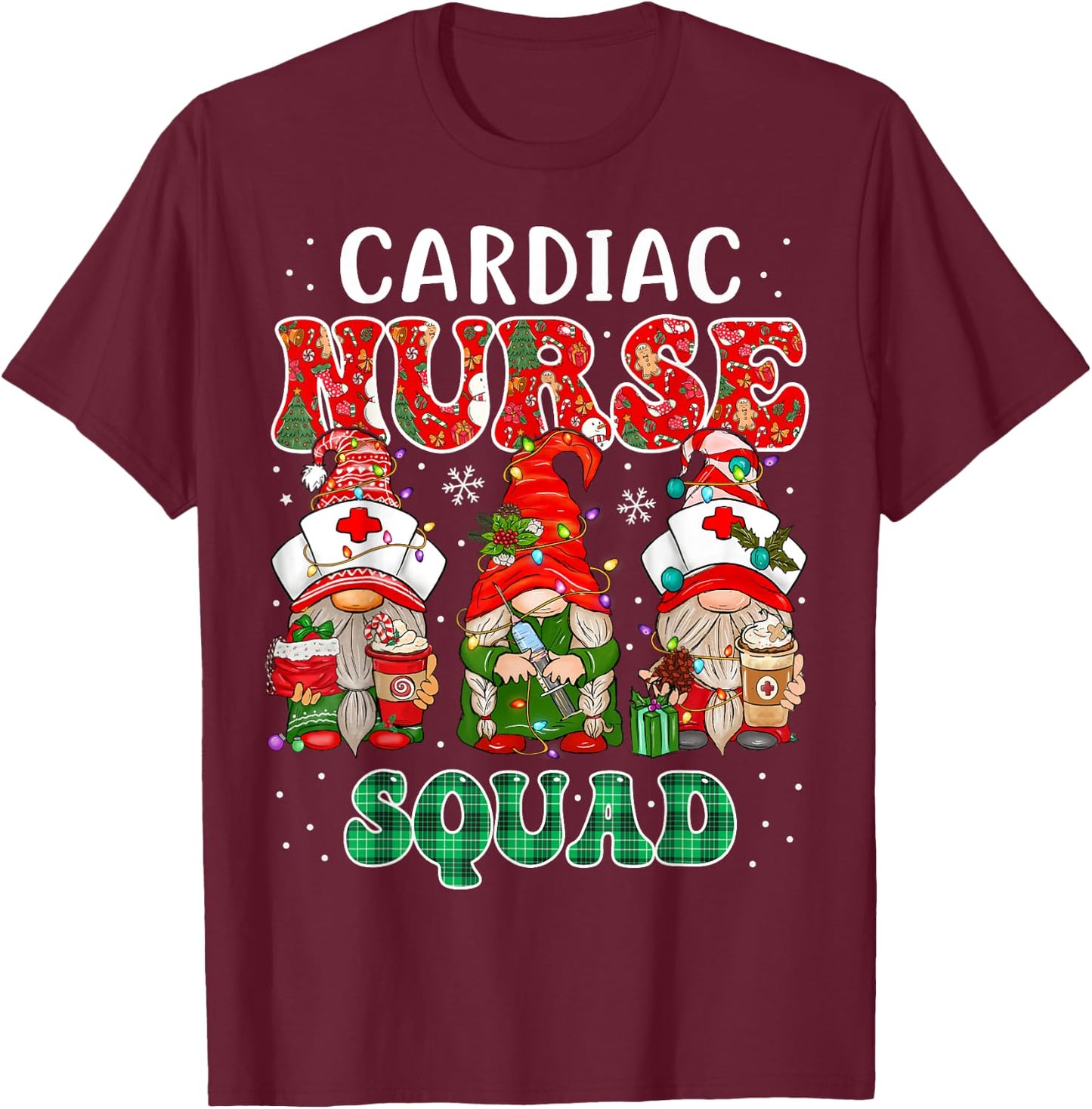 Cardiac Nurse Cute Christmas Gnomes Costume Cardiology Nurse T-Shirt - T-Shirt | Maroon