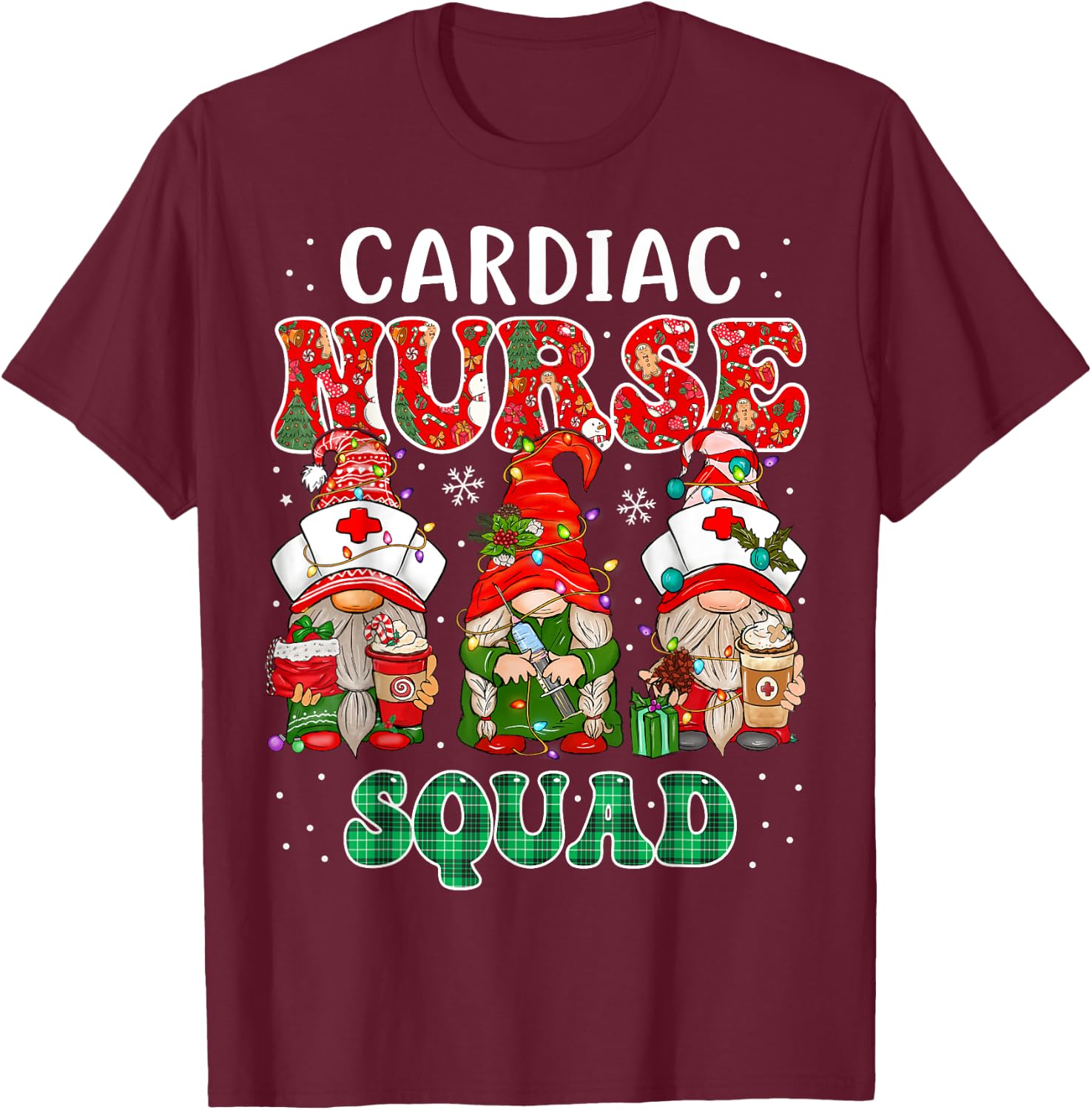 Cardiac Nurse Cute Christmas Gnomes Costume Cardiology Nurse T-Shirt - T-Shirt | Maroon