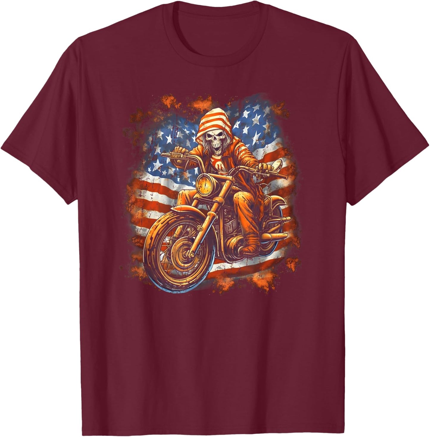 US Flag Motorcycle Skeleton Biker 4th July American T-Shirt - T-Shirt | Maroon