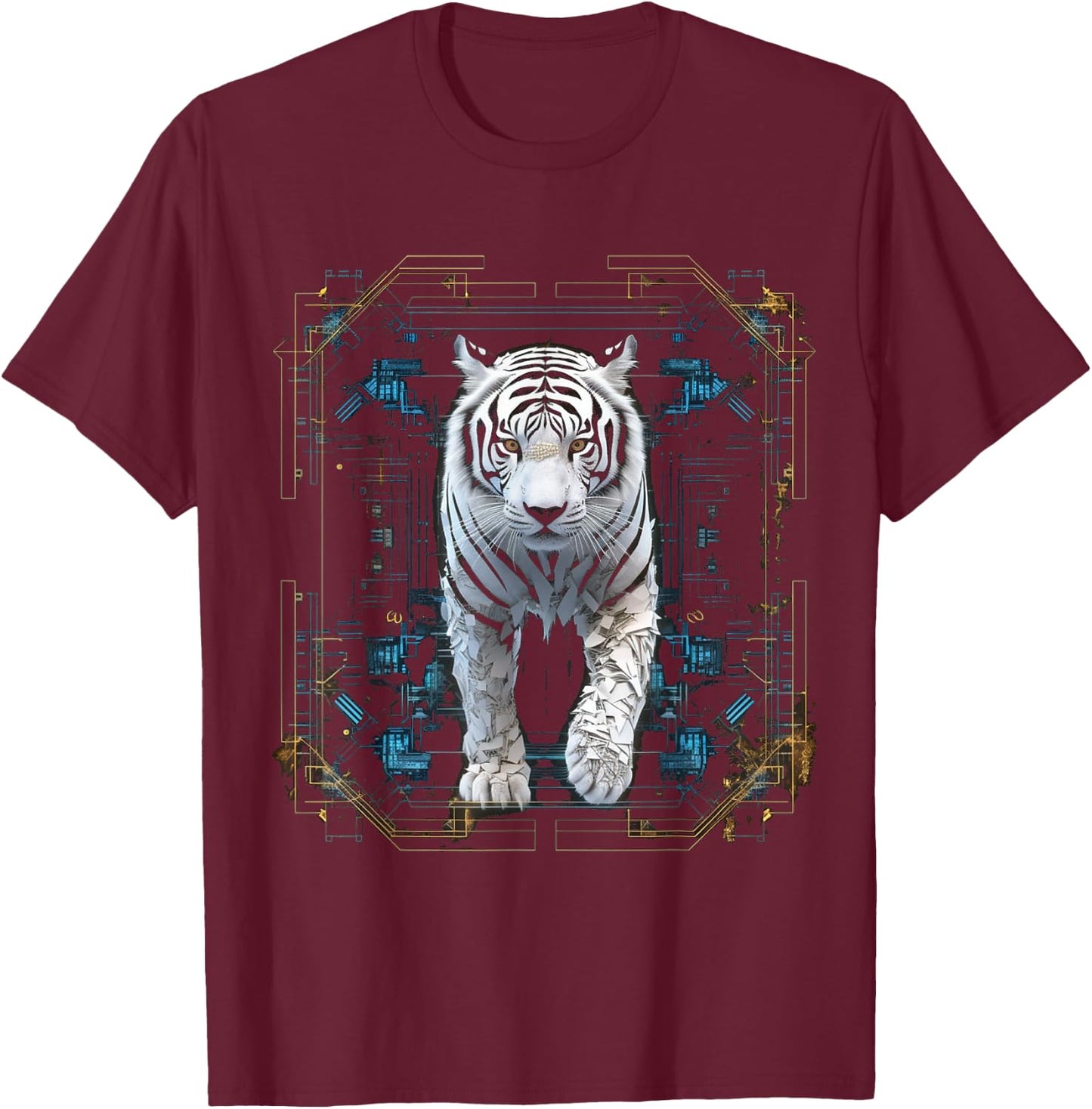 Tiger Geometric Artwork | White Animal Motif Tiger T-Shirt - T-Shirt | Maroon