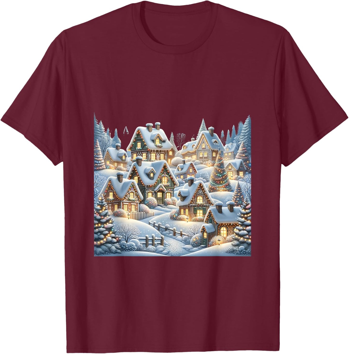 Winter Village Snow Covered Cottages Christmas Lights Scene T-Shirt - T-Shirt | Maroon