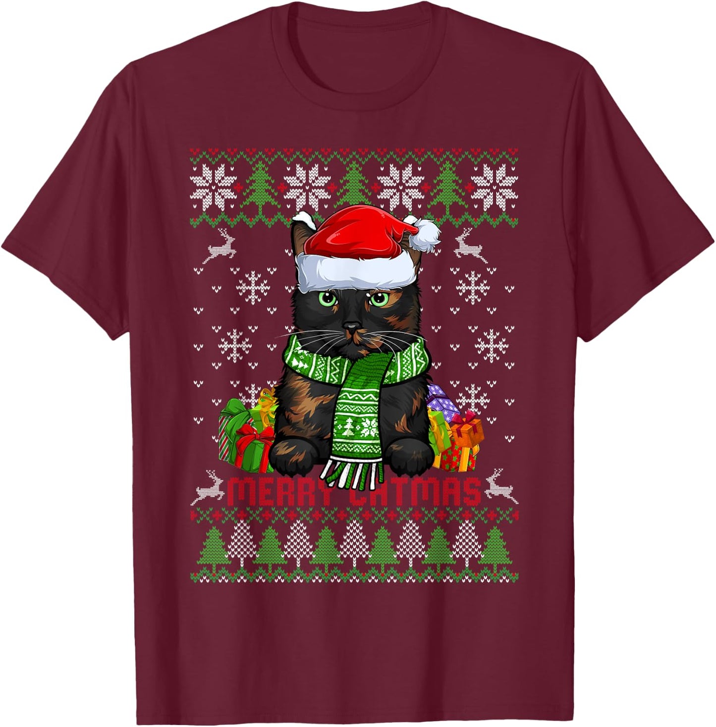 Funny Merry Catmas Tortoiseshell Cat Ugly Christmas Sweater Men Women Kids T-Shirt - T-Shirt | Maroon
