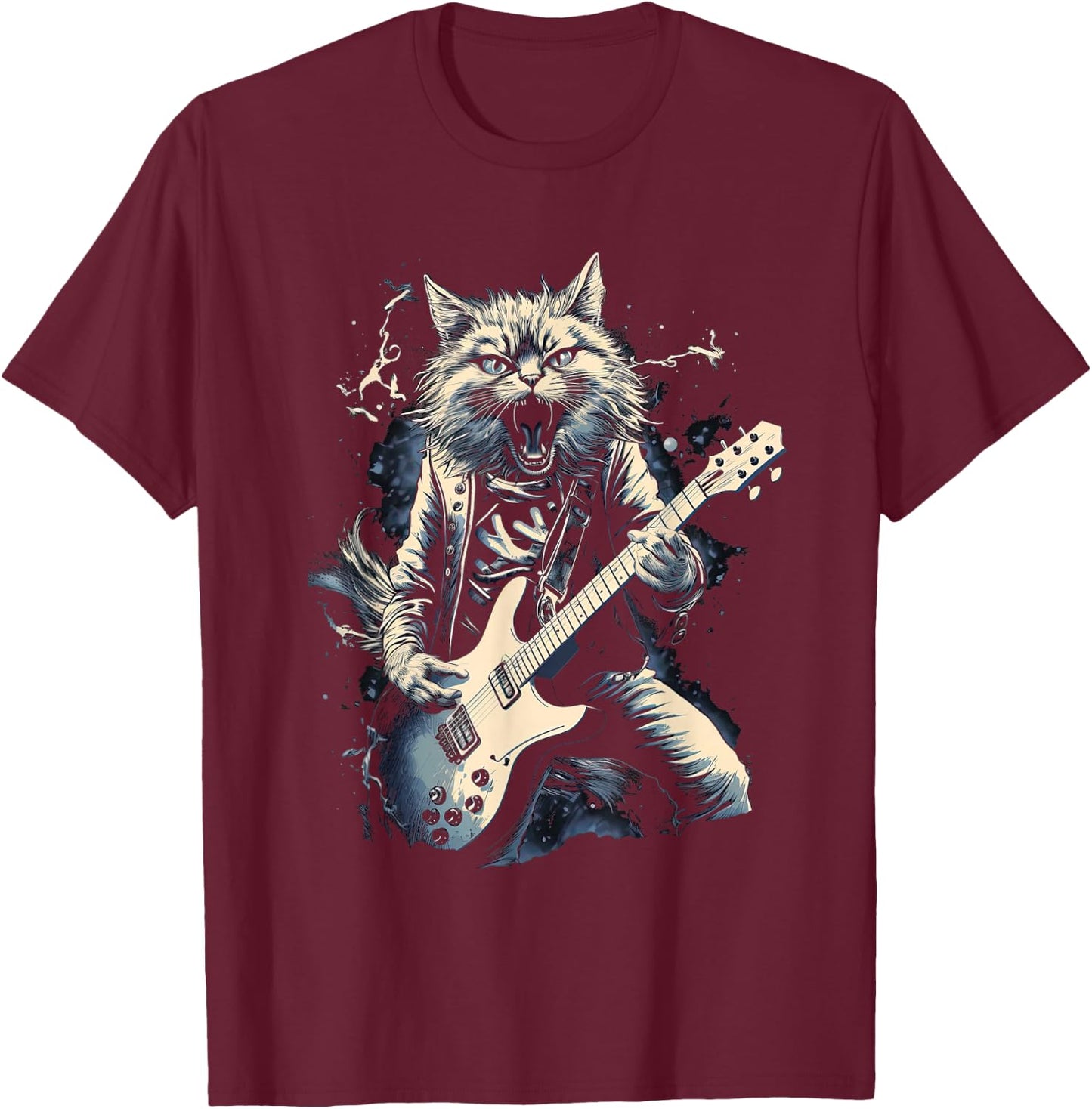 Cat Playing Bass Guitar Guitarist Rocker Cool T-Shirt - T-Shirt | Maroon