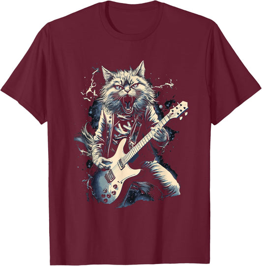 Cat Playing Bass Guitar Guitarist Rocker Cool T-Shirt - T-Shirt | Maroon