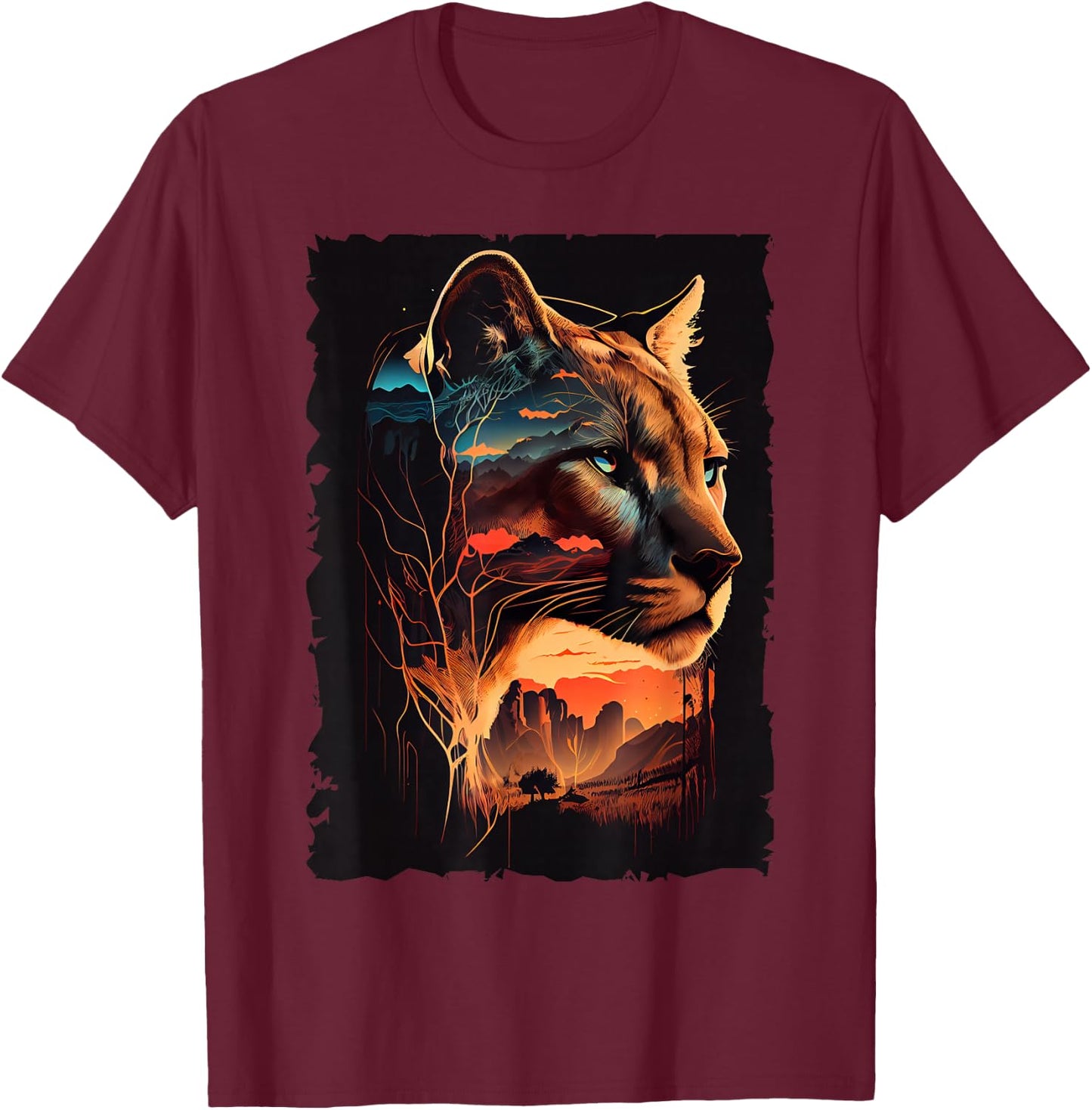 Mountain Cougar Sunset Wilderness Wildlife Art T-Shirt - T-Shirt | Maroon