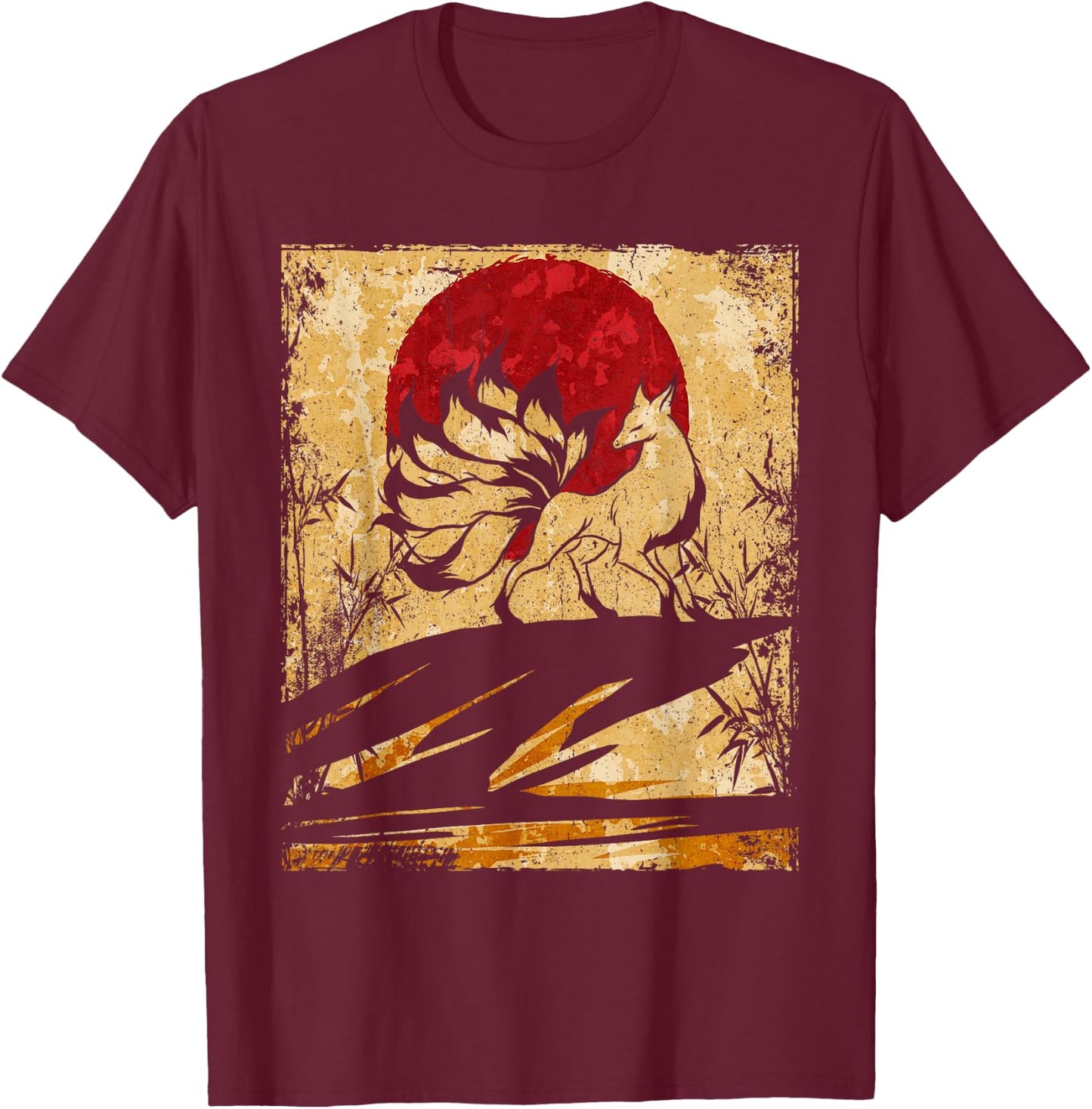 Nine Tailed Fox Japanese Art Retro T-Shirt - T-Shirt | Maroon