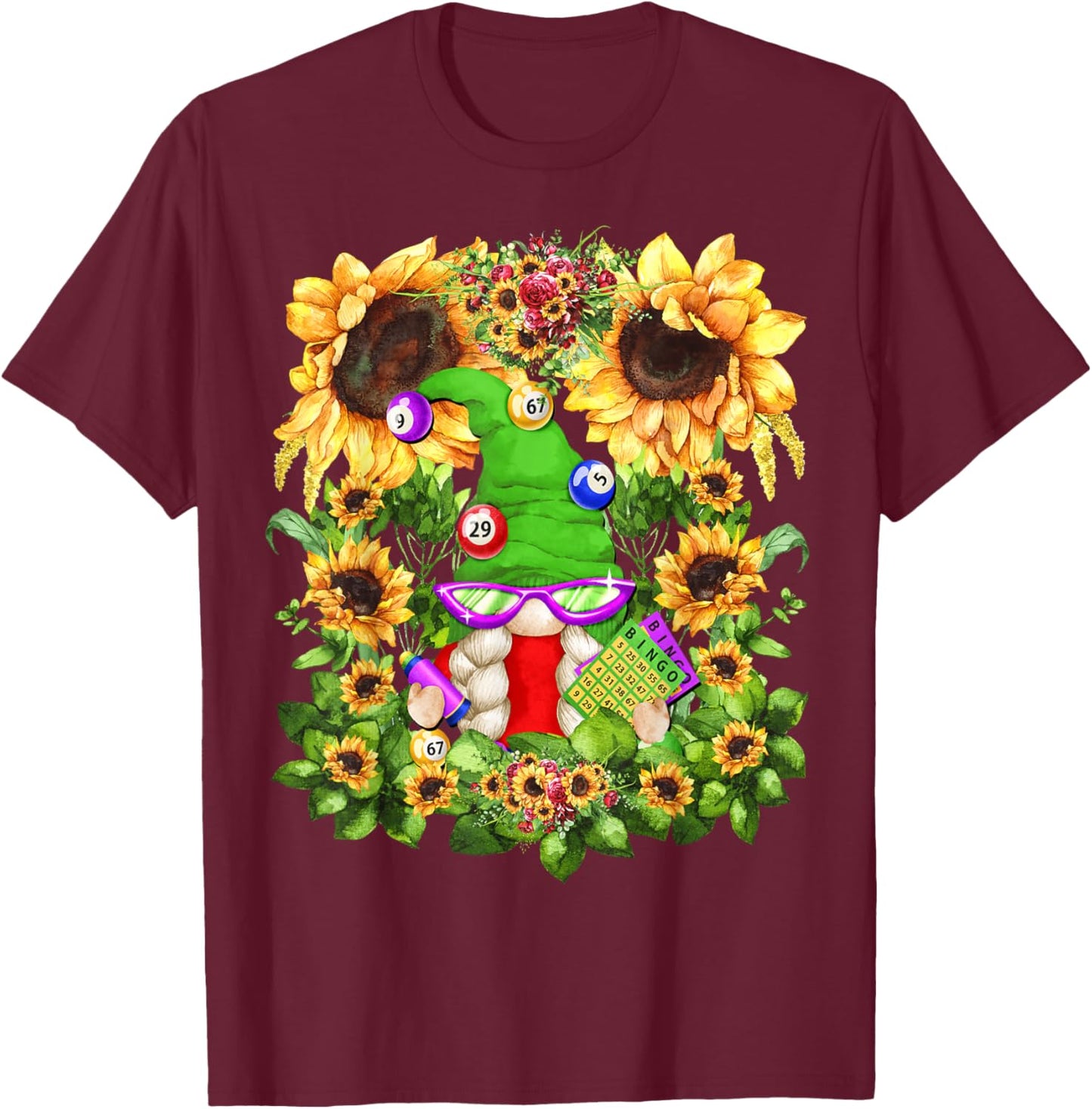 Floral Sunflower Bingo Gnome And Crazy Bingo Lady T-Shirt - T-Shirt | Maroon