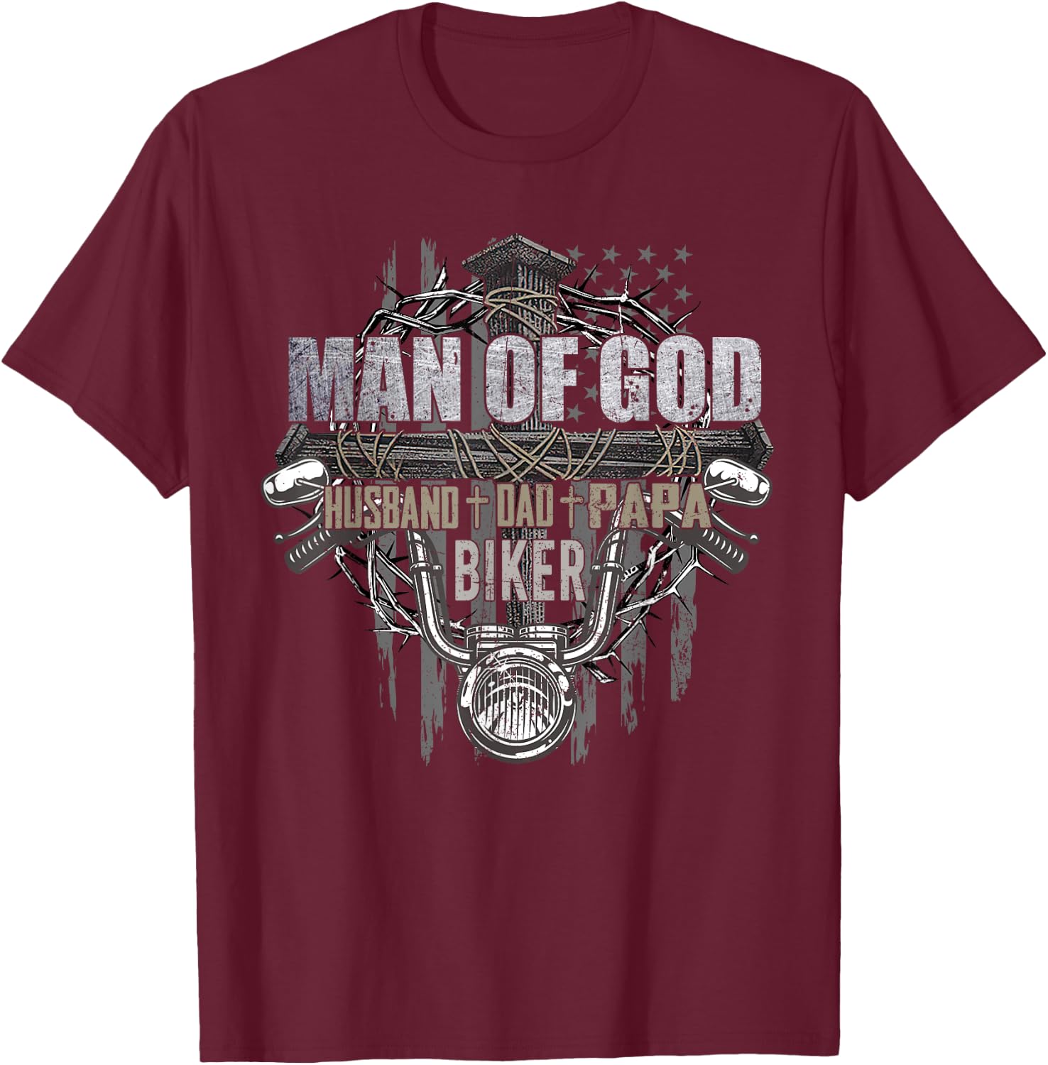 Man Of God Dad Husband Papa Biker Funny T-Shirt - T-Shirt | Maroon