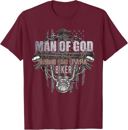 Man Of God Dad Husband Papa Biker Funny T-Shirt - T-Shirt | Maroon