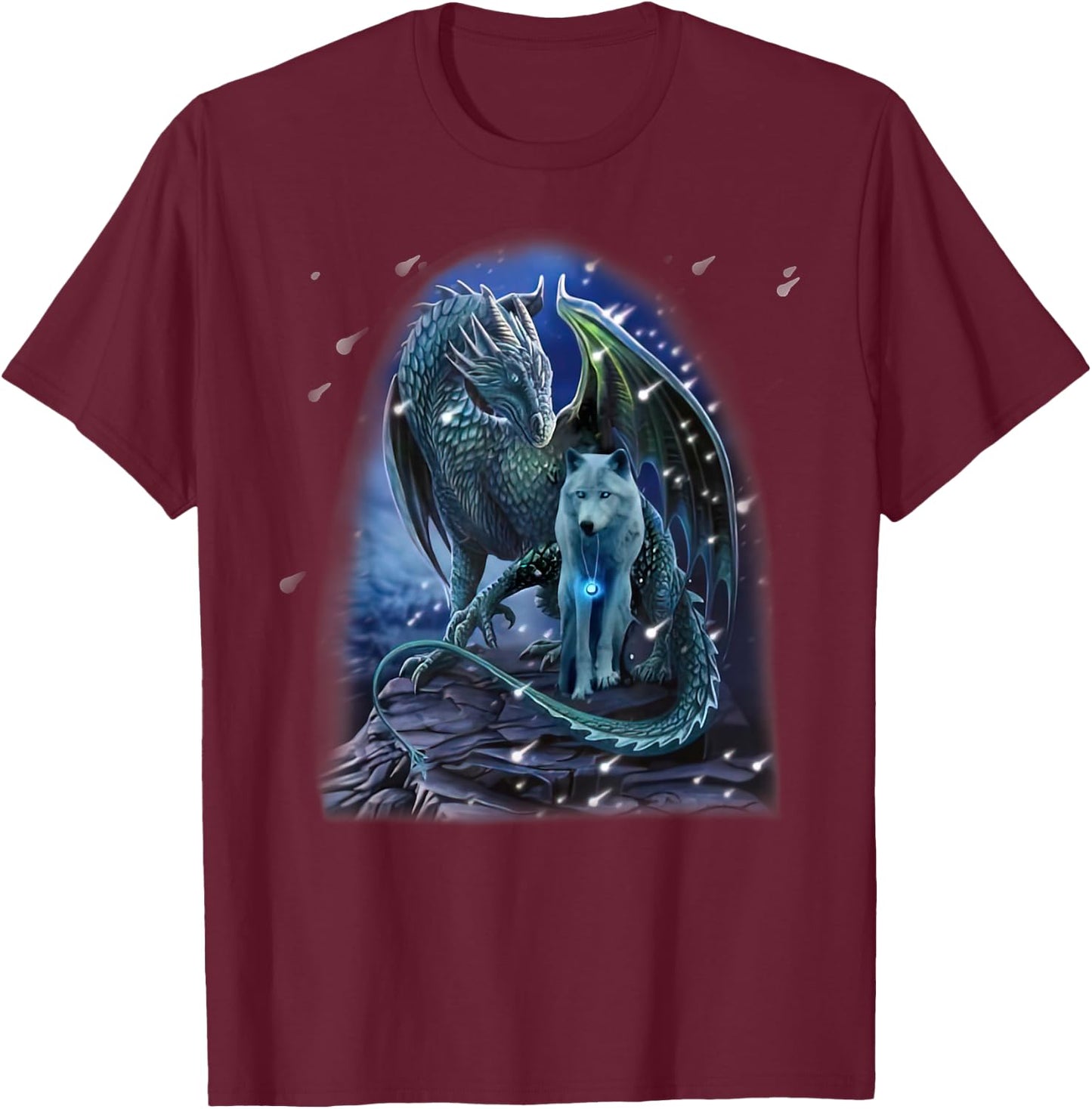 Wolf And Dragon Together In Winter T-Shirt - T-Shirt | Maroon