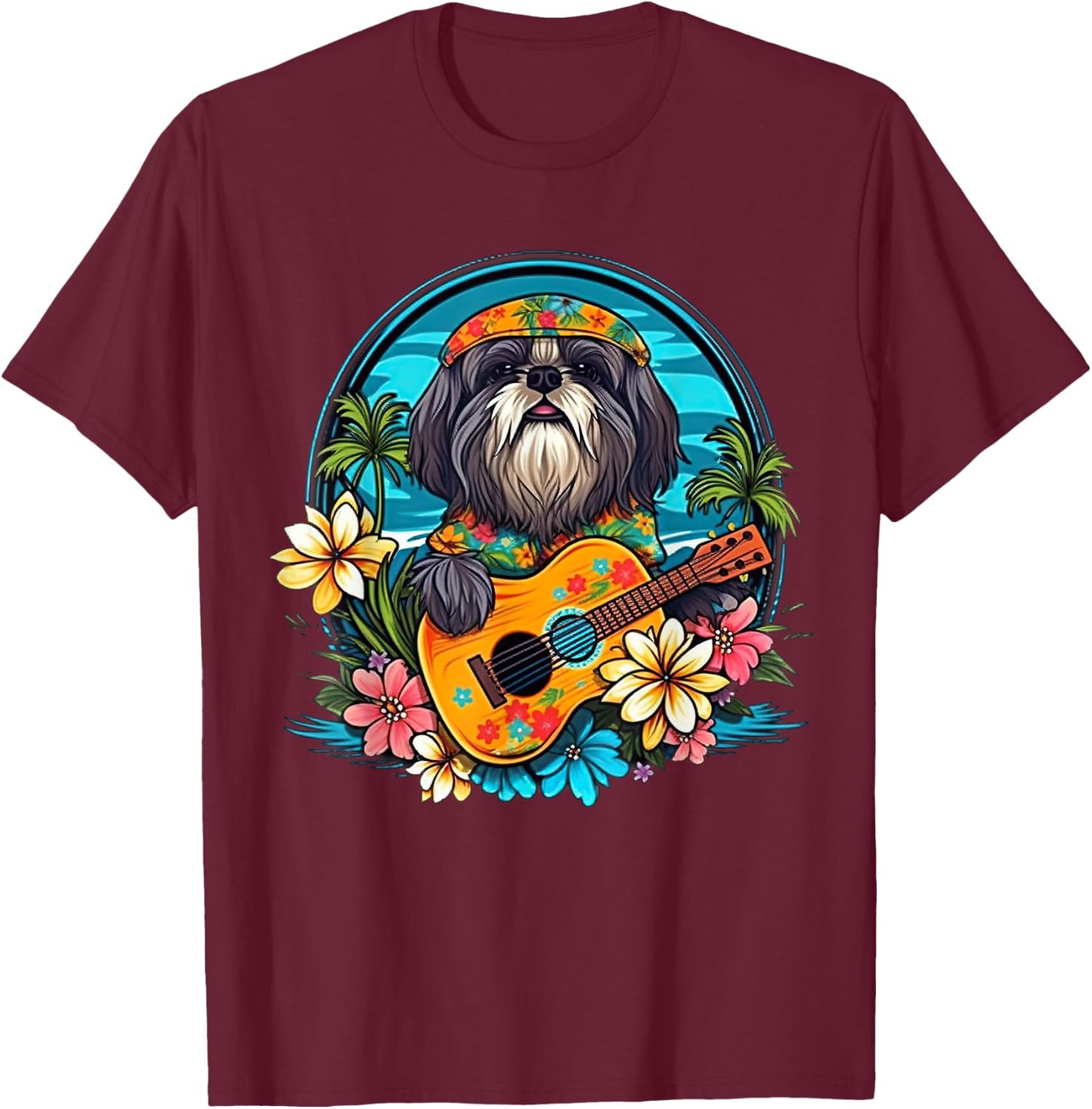Floral Beach Vacation Shih Tzu Dog Women Kids T-Shirt - T-Shirt | Maroon
