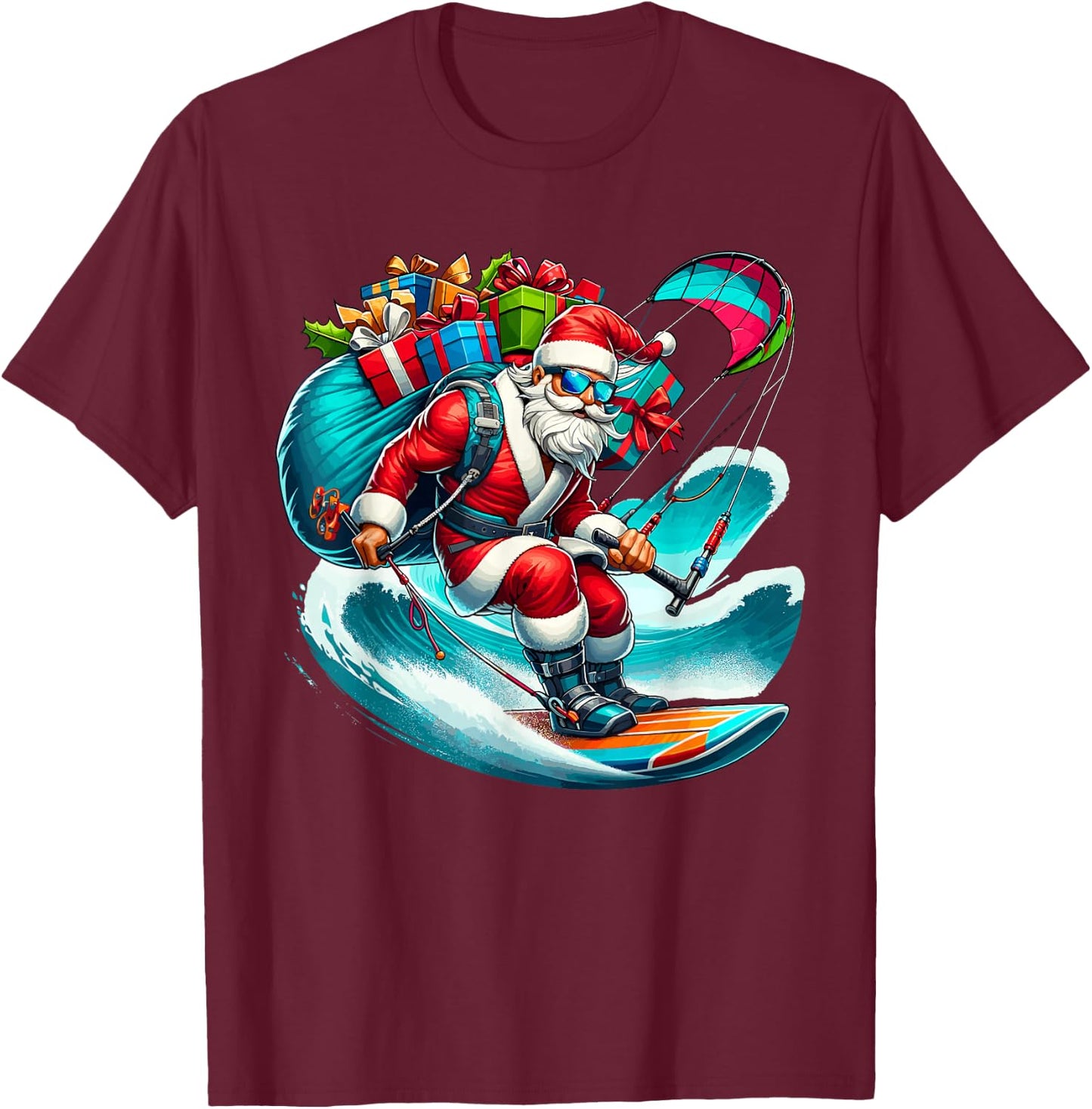 Funny Beach Santa kitesurfing Christmas Santa Surfing Men Women Kids T-Shirt - T-Shirt | Maroon
