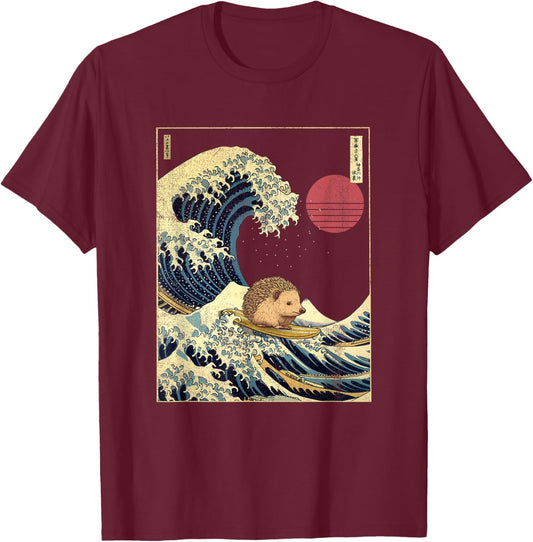 Hedgehog Japanese Kanagawa Wave Funny Surf Animal T-Shirt - T-Shirt | Maroon