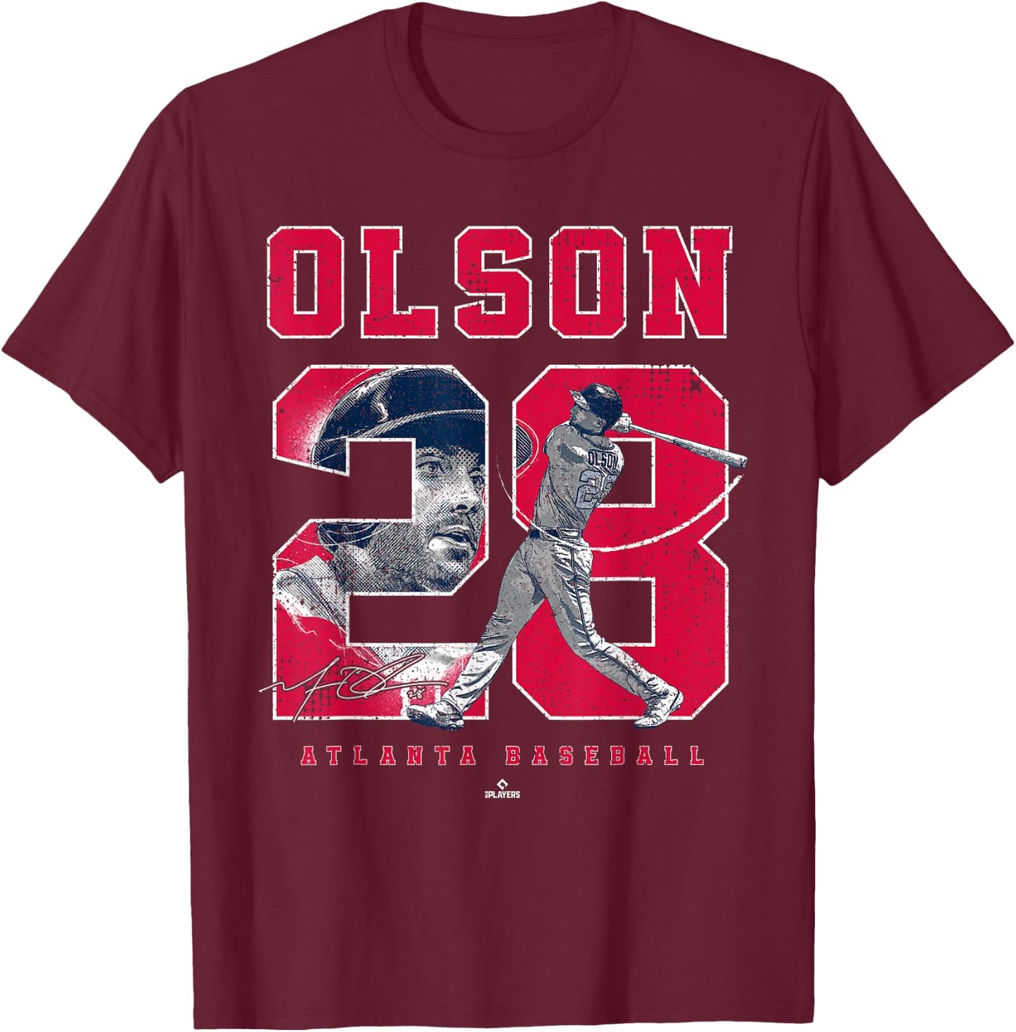 BallPark MVP Men's Matt Olson Atlanta MLBPA Number and Portrait , Black, Small, Short Sleeve, , Classic Fit, 100% Cotton, Stretchable, Lightweight T-Shirt - T-Shirt | Maroon