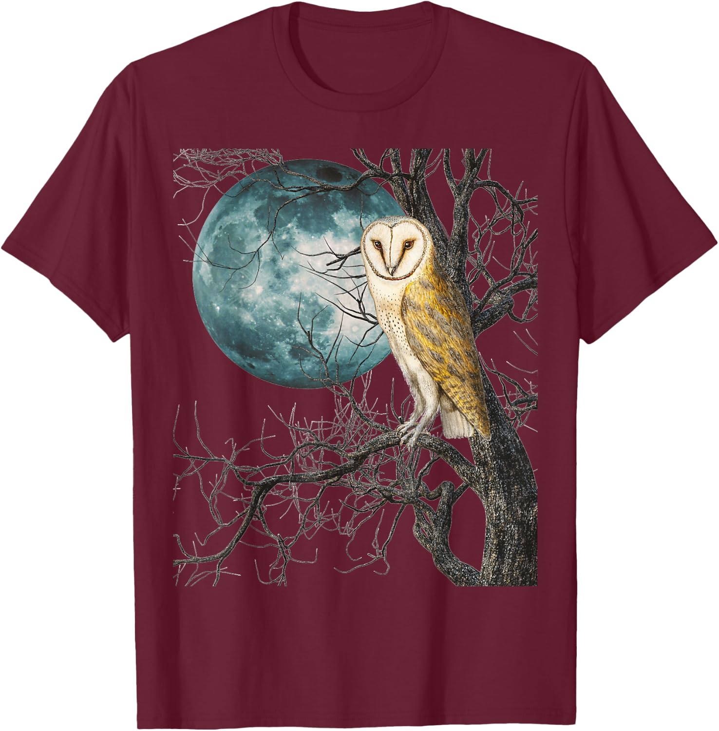 Owl Barn Night Moon Full Vintage Illustration Birder Graphic T-Shirt - T-Shirt | Maroon