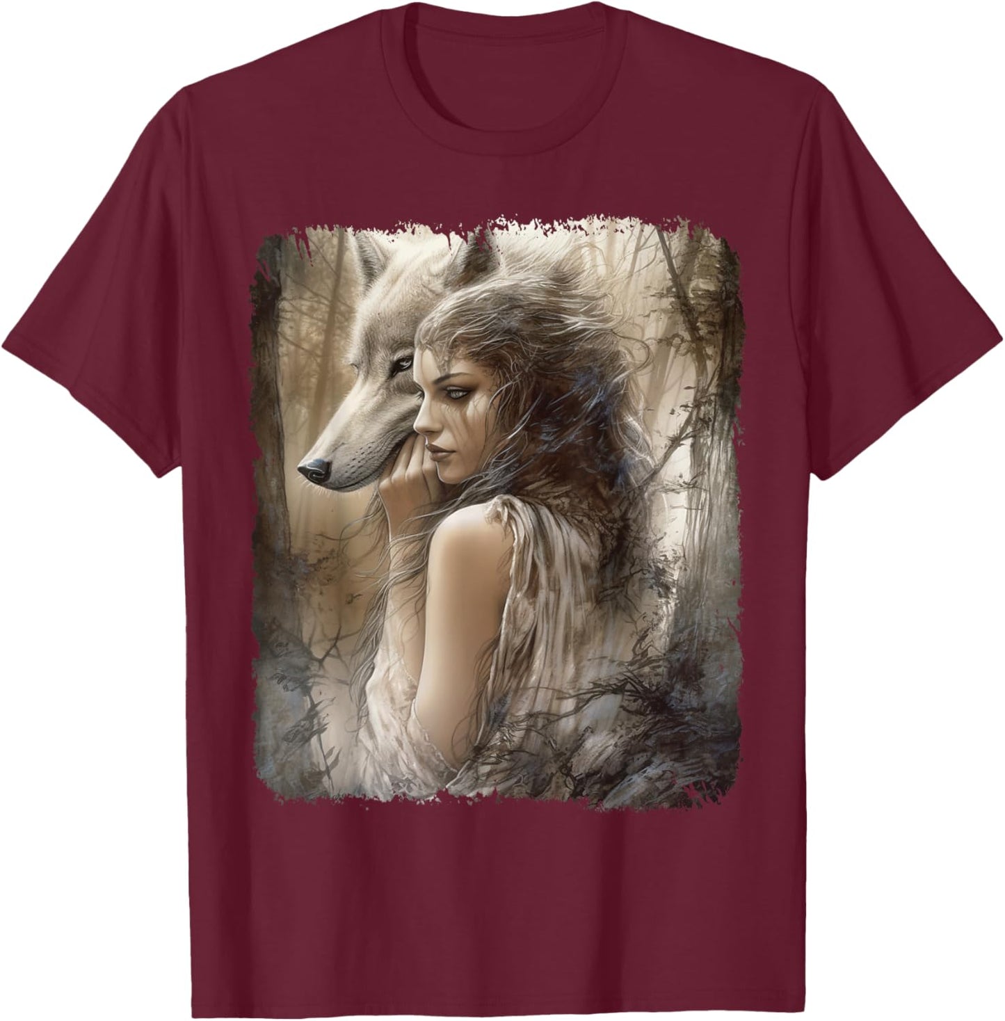 Woman and Grey Wolf in Forest Fantasy T-Shirt - T-Shirt | Maroon