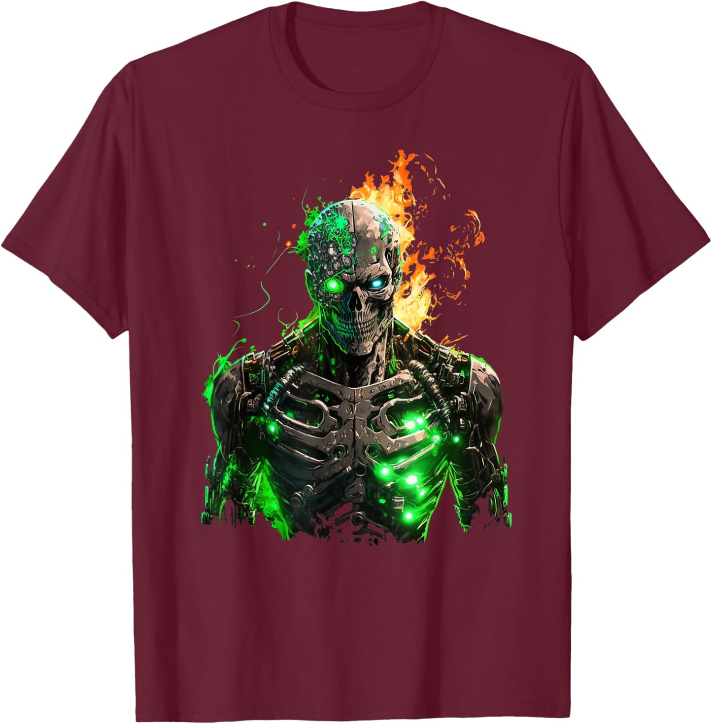 Flaming Skeleton Cyborg Graphic T-Shirt - T-Shirt | Maroon