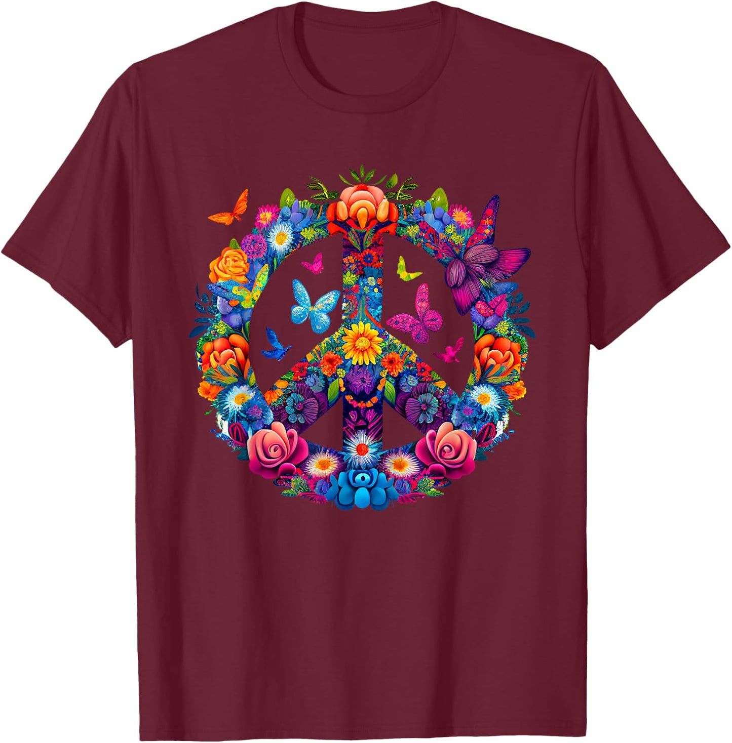 Peace Love 60's 70's groovy Costume Colorful Flowers T-Shirt - T-Shirt | Maroon