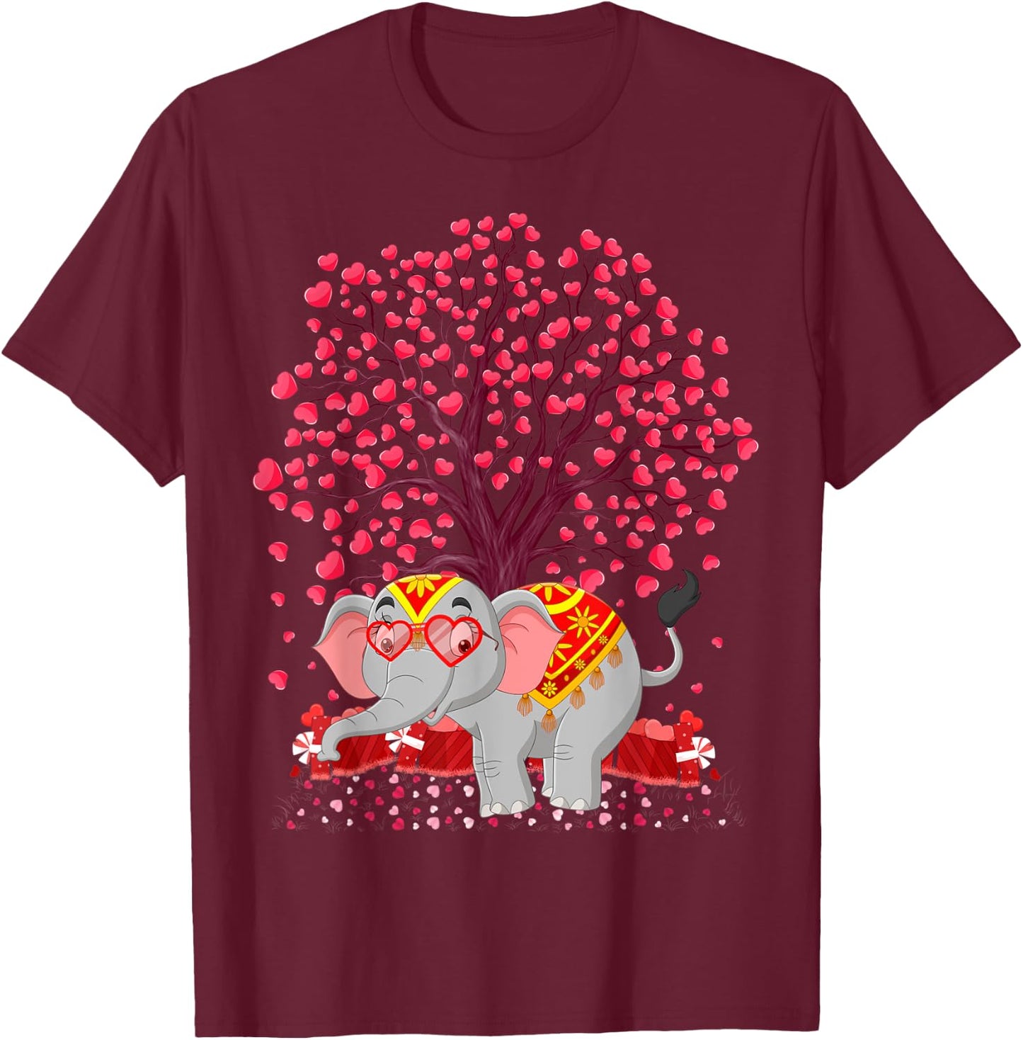Elephant Lover Heart Tree Indian Elephant Valentine's Day T-Shirt - T-Shirt | Maroon