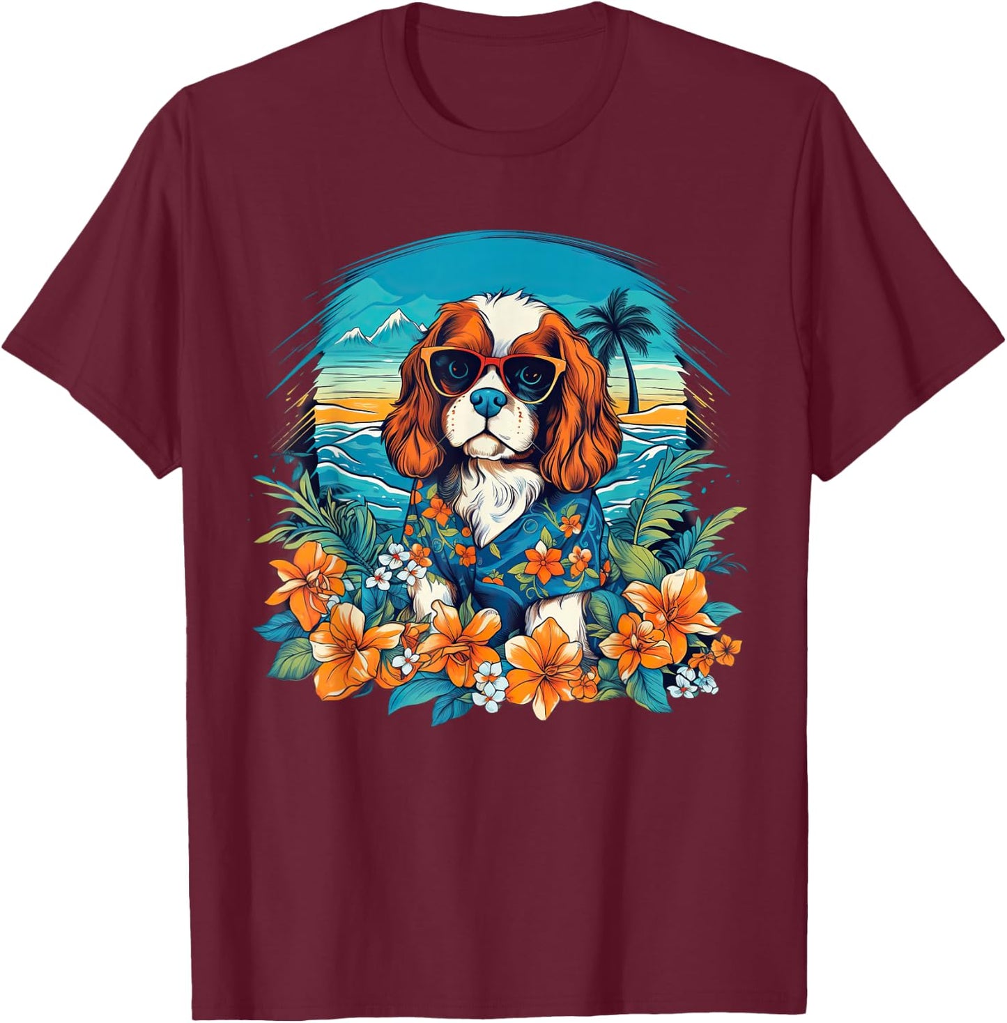 Floral Beach Vacation Cavalier King Charles Spaniel Dog T-Shirt - T-Shirt | Maroon