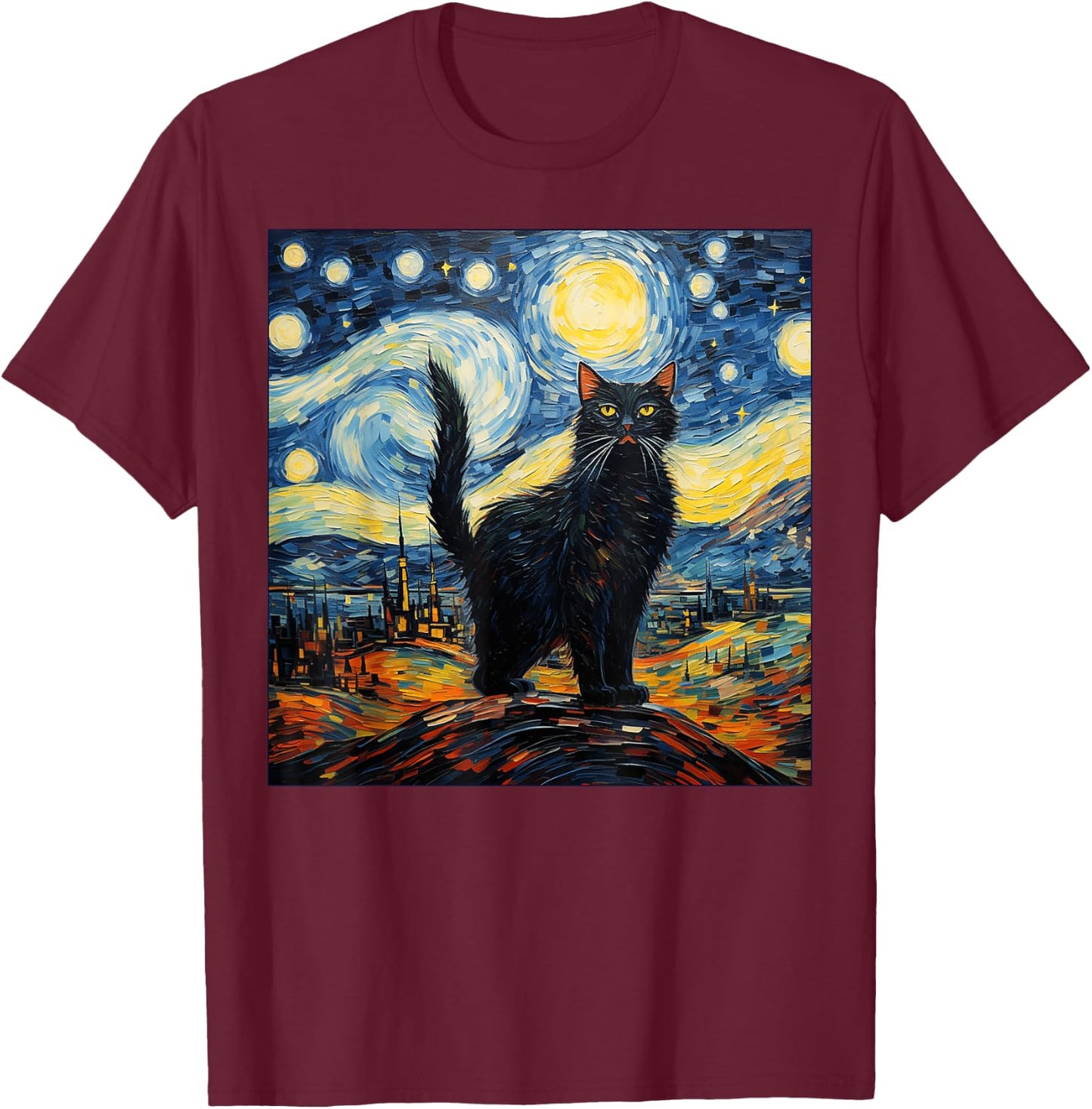 Van Gogh Starry Night Black Cat Gifts for Cats Lover Mom Dad Women Kids T-Shirt - T-Shirt | Maroon