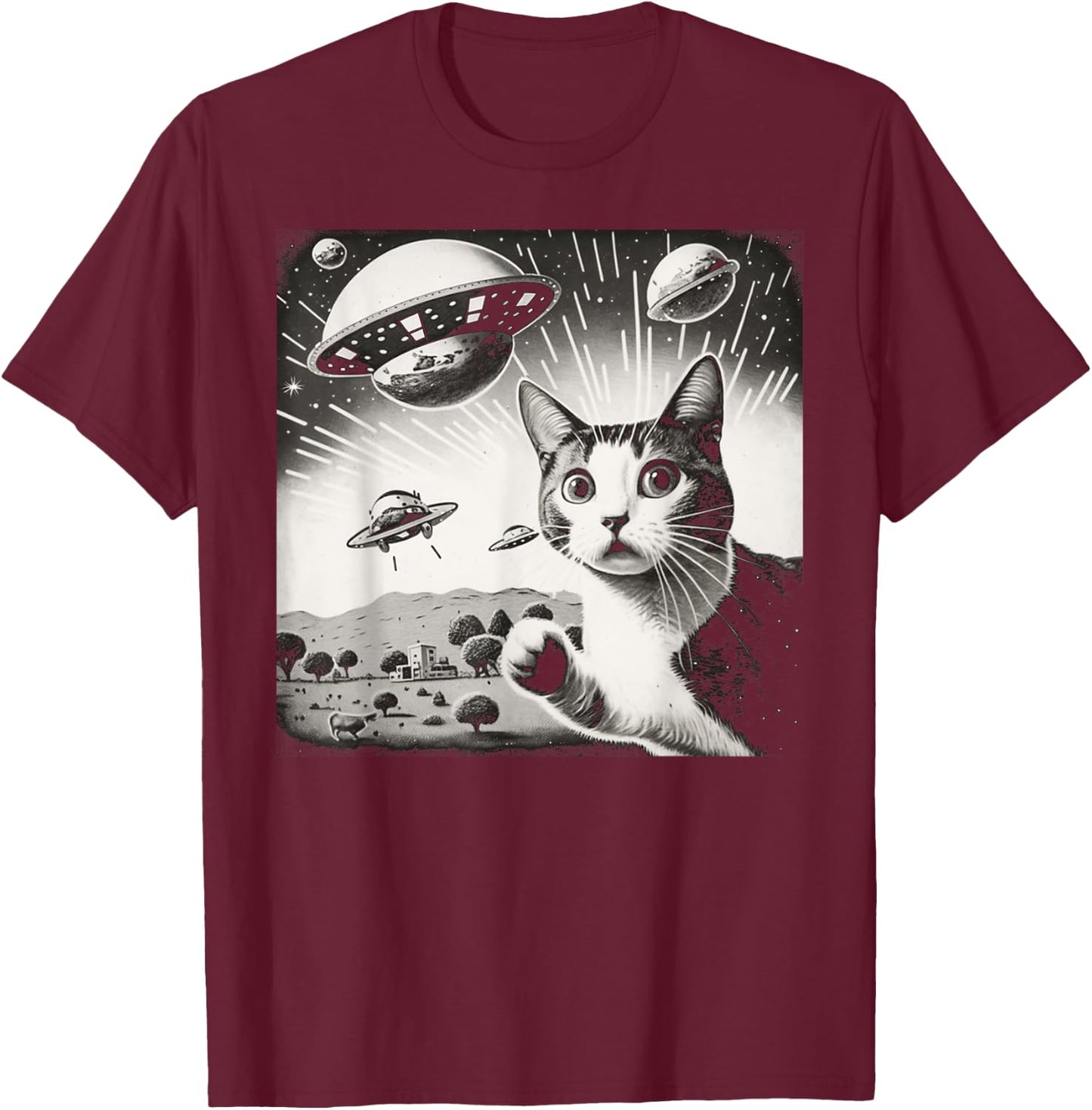 Cat Incident Involving UAPs Funny UFO Retro Aliens Men Women Kids T-Shirt - T-Shirt | Maroon