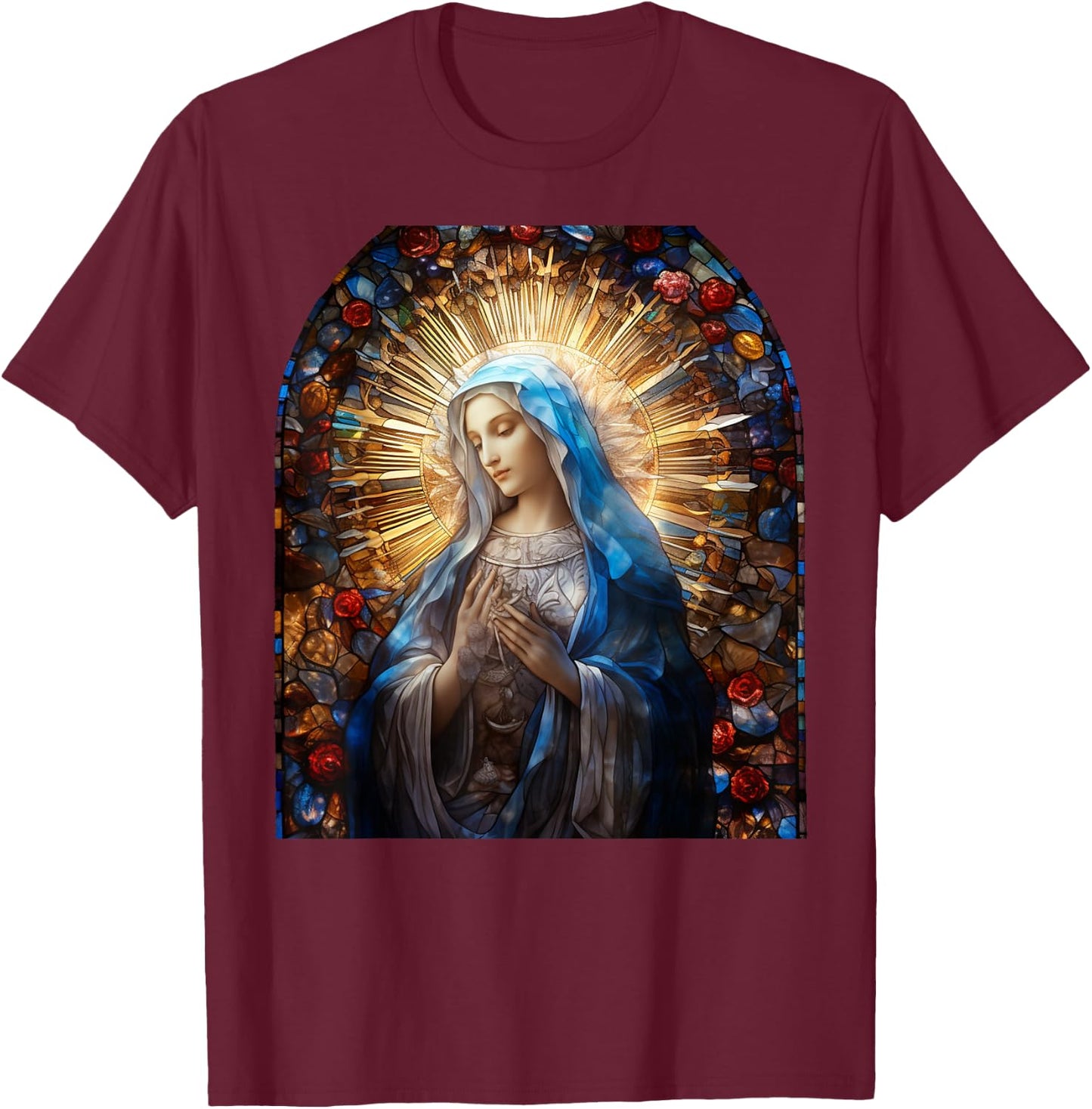 Blessed Virgin Mary Stained Glass T-Shirt - T-Shirt | Maroon