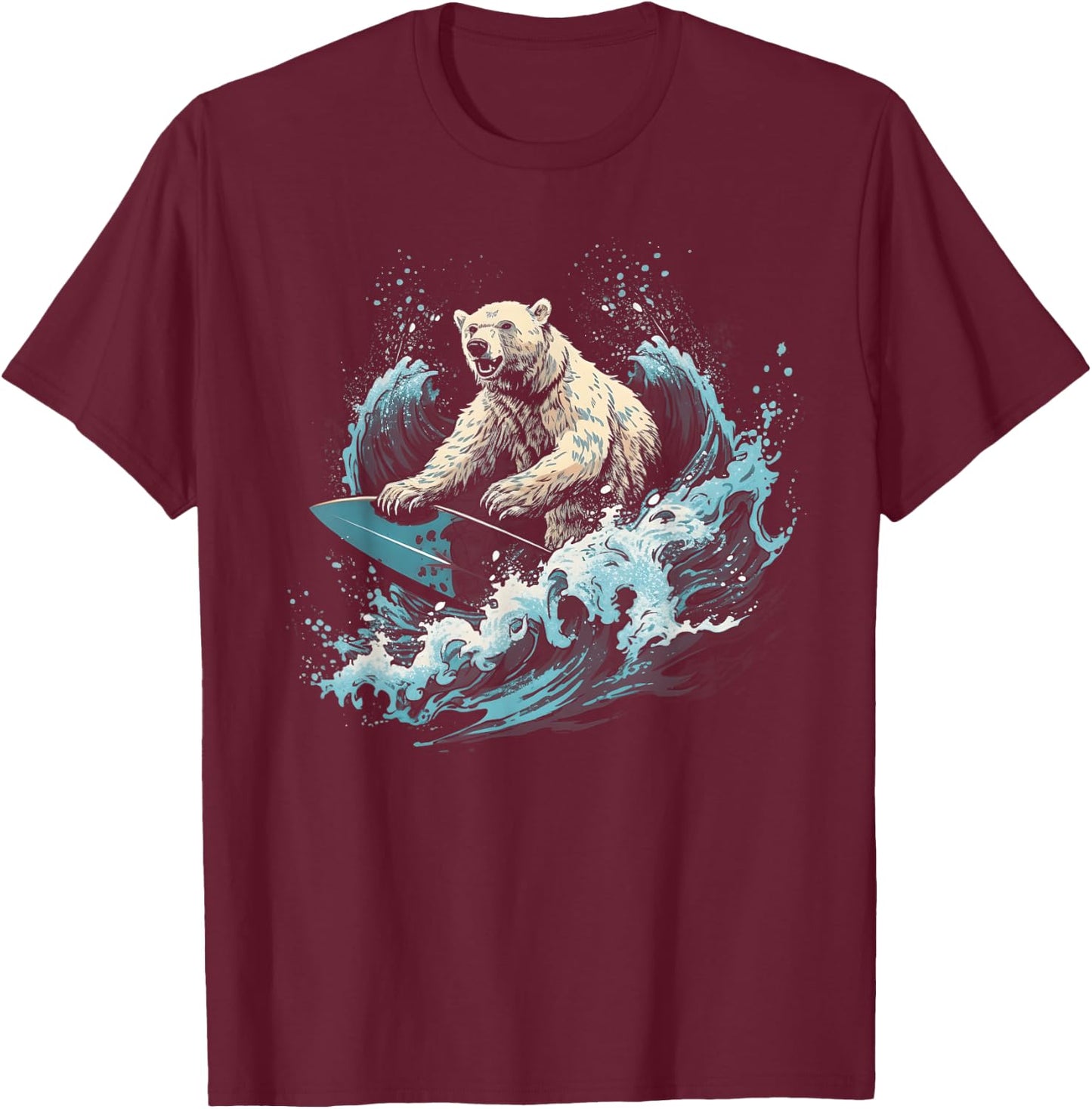 Polar Bear Surfing Wave on Surfboard Beach Polar Bear Lover T-Shirt - T-Shirt | Maroon