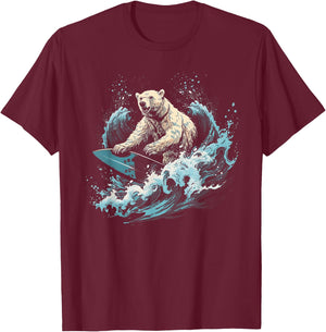 Polar Bear Surfing Wave on Surfboard Beach Polar Bear Lover T-Shirt - T-Shirt | Maroon