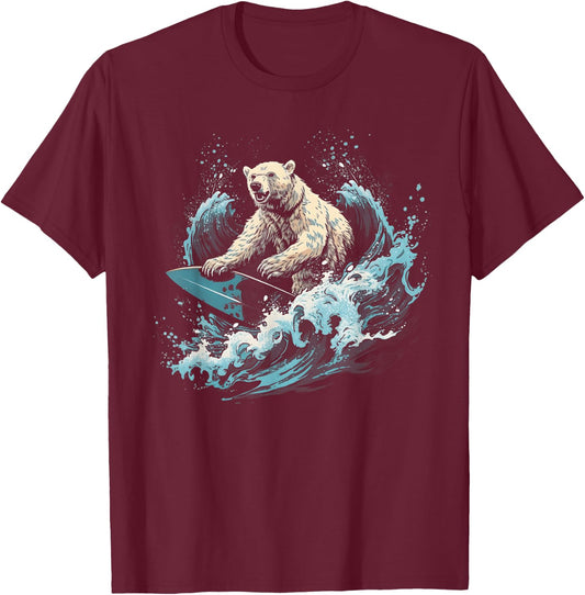 Polar Bear Surfing Wave on Surfboard Beach Polar Bear Lover T-Shirt - T-Shirt | Maroon