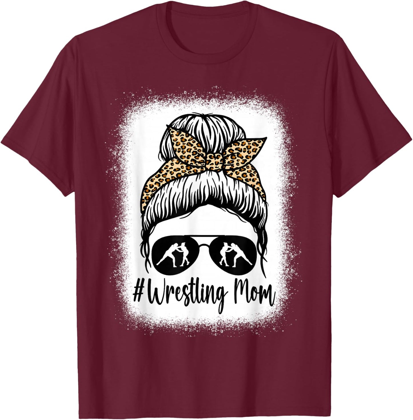 Bleached Life Wrestling Mom Women Leopard Messy Bun Glasses T-Shirt - T-Shirt | Maroon