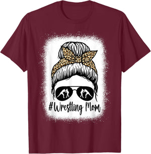 Bleached Life Wrestling Mom Women Leopard Messy Bun Glasses T-Shirt - T-Shirt | Maroon