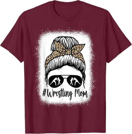 Bleached Life Wrestling Mom Women Leopard Messy Bun Glasses T-Shirt - T-Shirt | Maroon