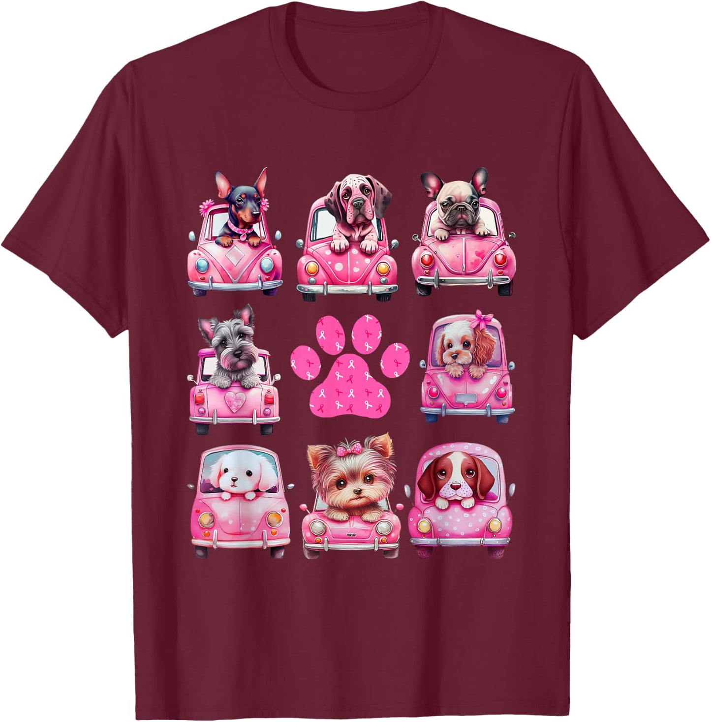 Breast Cancer Puppy Dogs Paw Print Cute Pink October 2024 T-Shirt - T-Shirt | Maroon