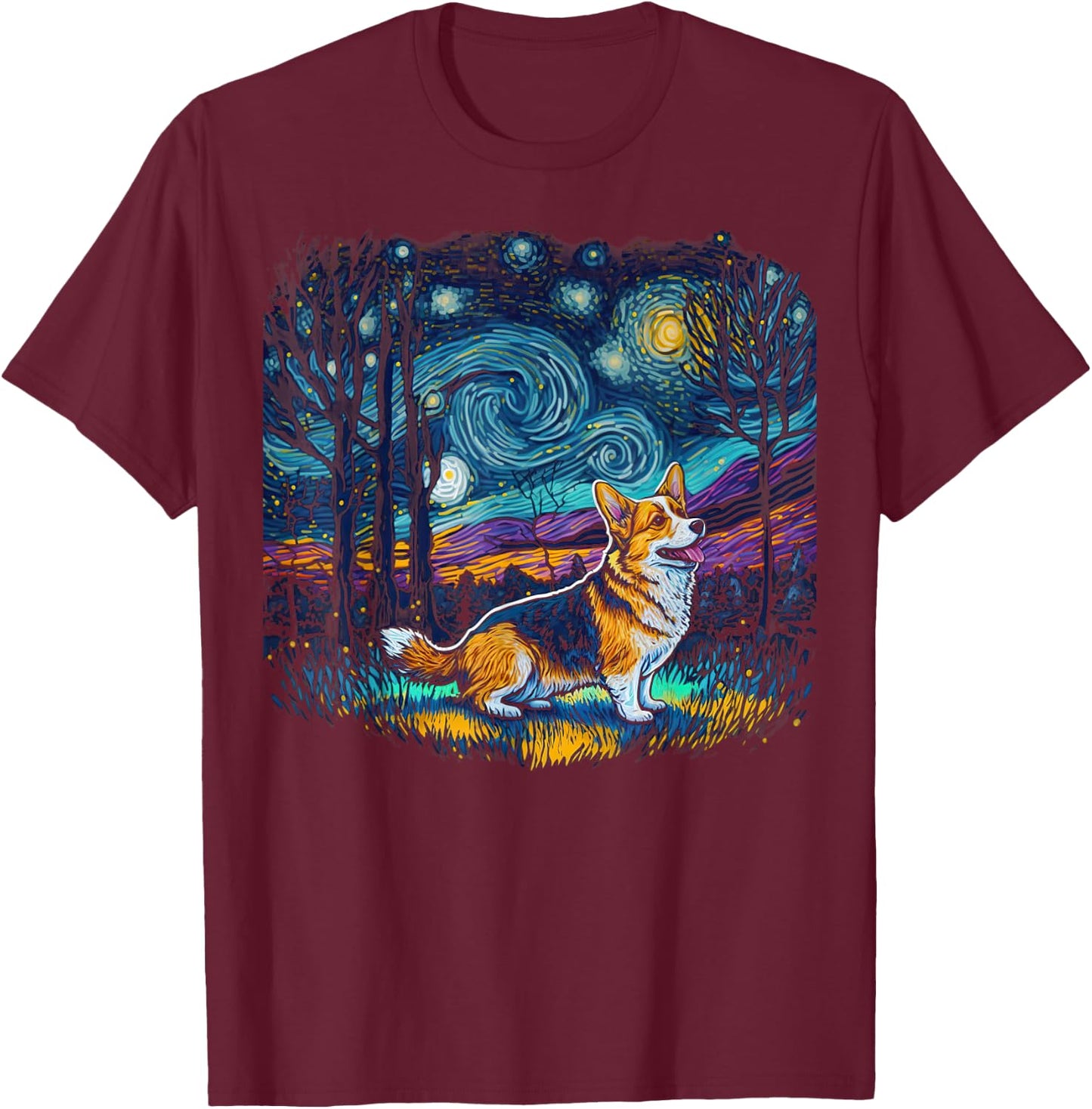 Dog Lovers Starry Night Corgi T-Shirt - T-Shirt | Maroon