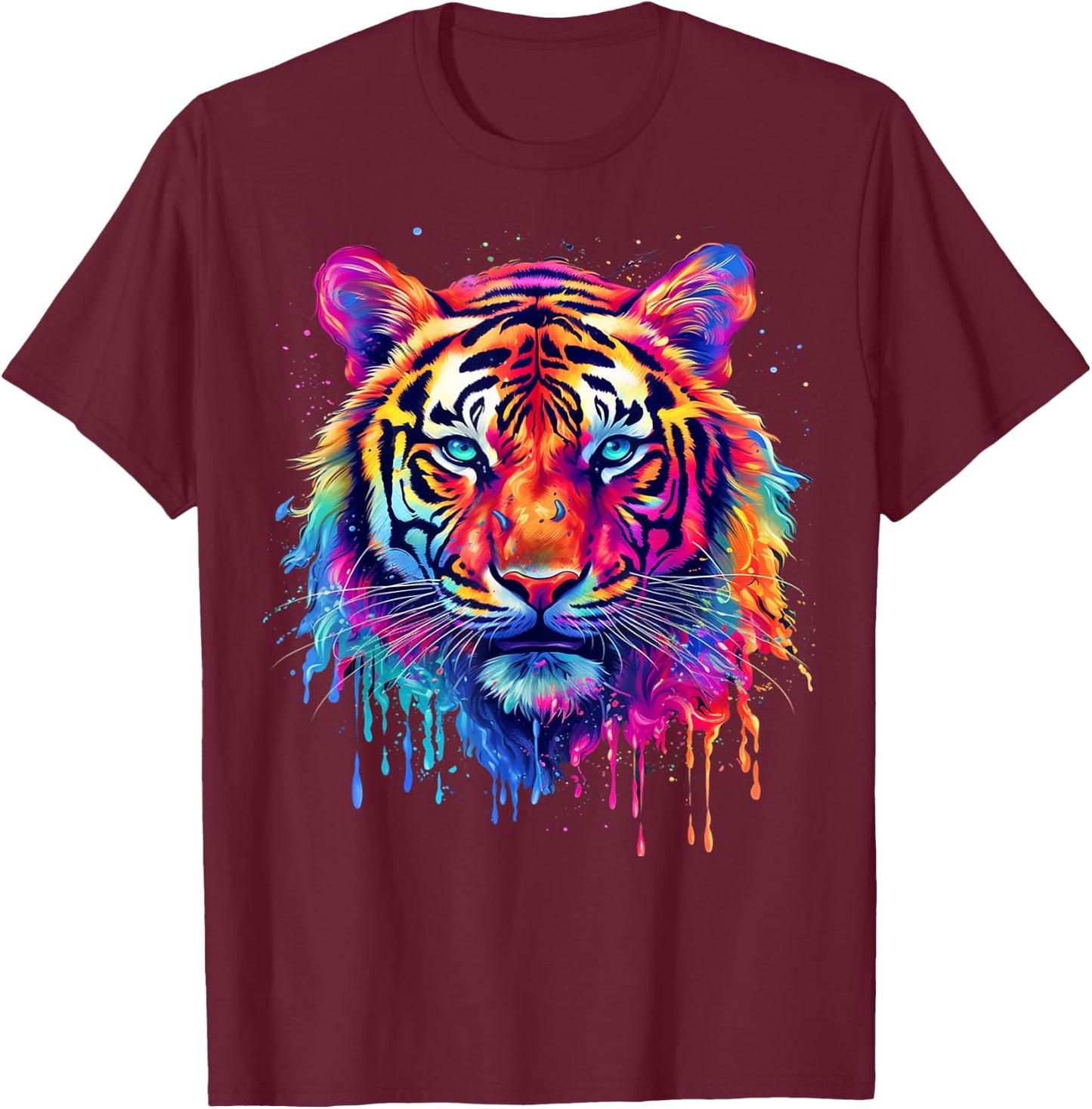 Colorful Tiger Splash Art Animal Motif T-Shirt - T-Shirt | Maroon