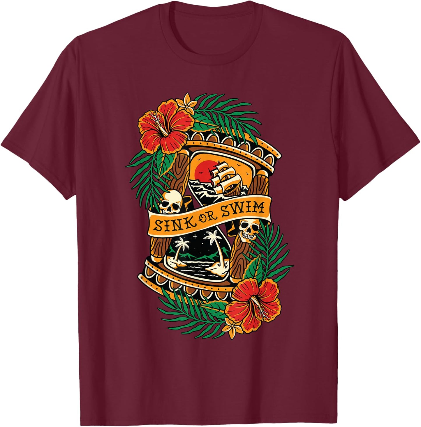American Traditional Tattoo Old School Flash Skull Hourglass T-Shirt - T-Shirt | Maroon